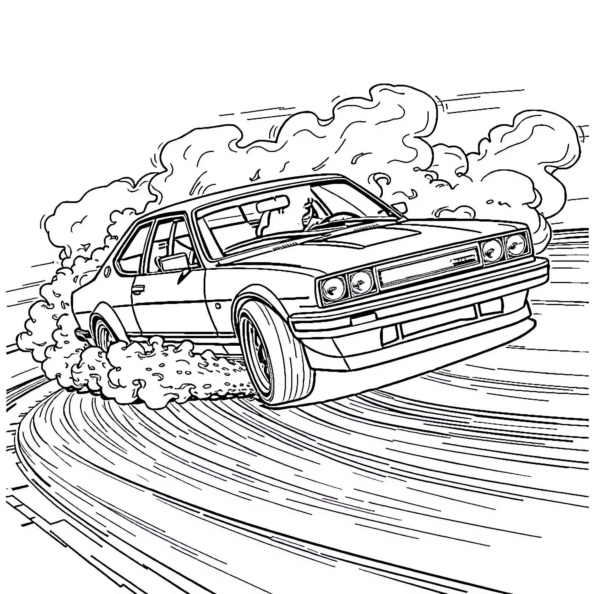 Drifting Car speeding through curves Coloring Page (free black-and-white line drawing printable PDF for all, from beginners to advanced learners, including children, teens, adults, and seniors)