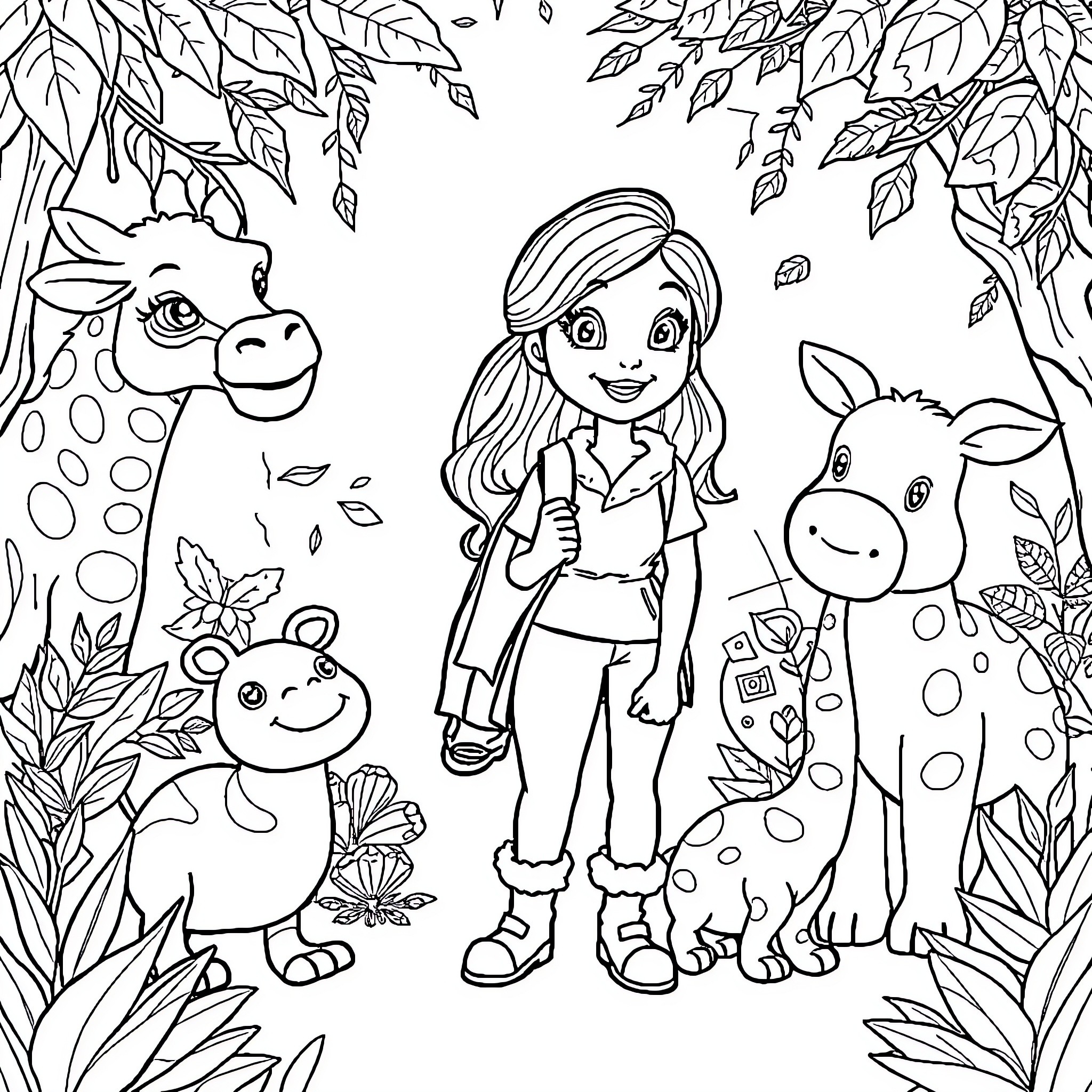 Zoo Explorers Discover Friendly Animals in the Wilderness Coloring Page (free black-and-white line drawing printable PDF for all, from beginners to advanced learners, including children, teens, adults, and seniors)