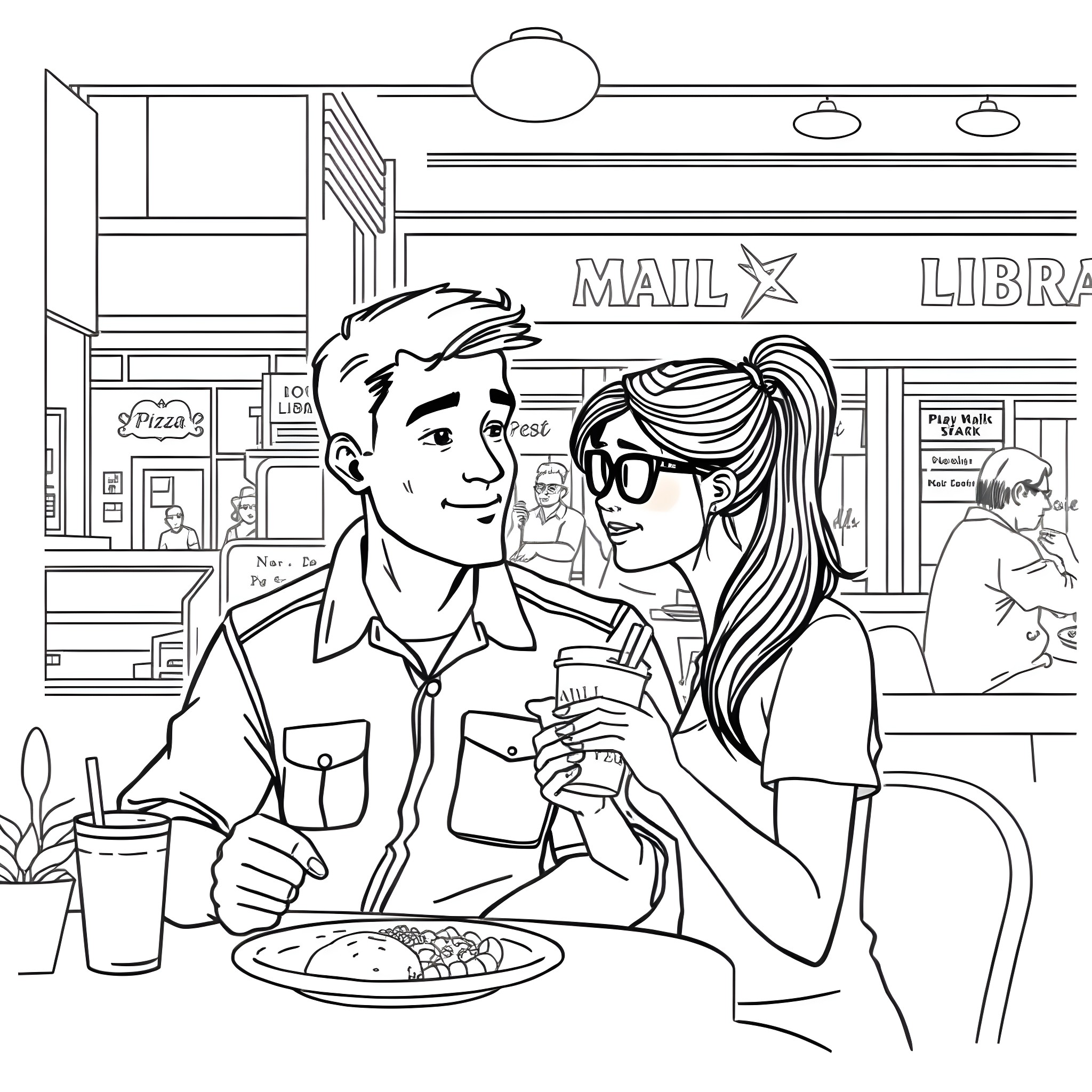 Husband and wife enjoying a casual meal together Coloring Page (free black-and-white line drawing printable PDF for all, from beginners to advanced learners, including children, teens, adults, and seniors)