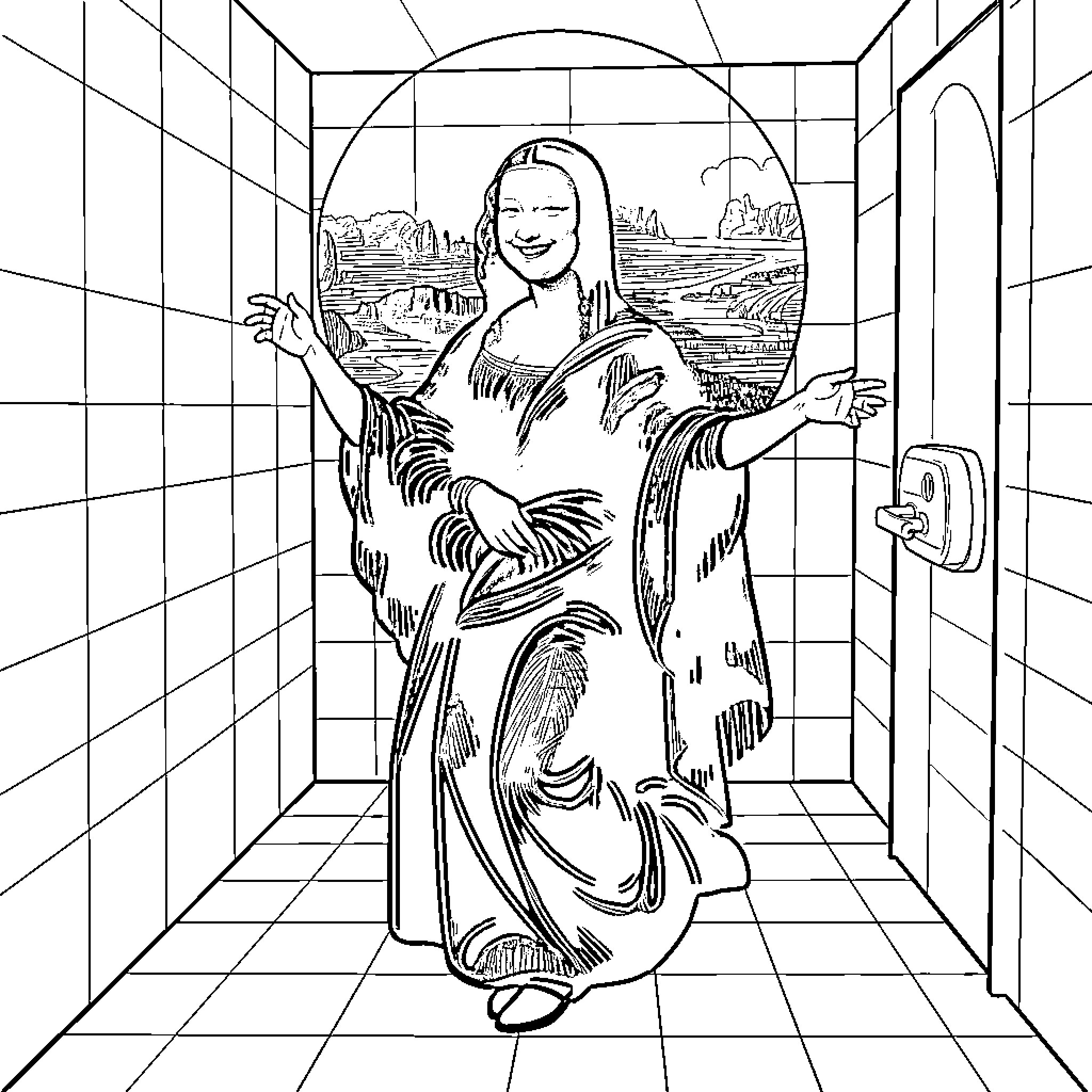 Mona Lisa smiling with arms outstretched in a room Coloring Page (free black-and-white line drawing printable PDF for all, from beginners to advanced learners, including children, teens, adults, and seniors)