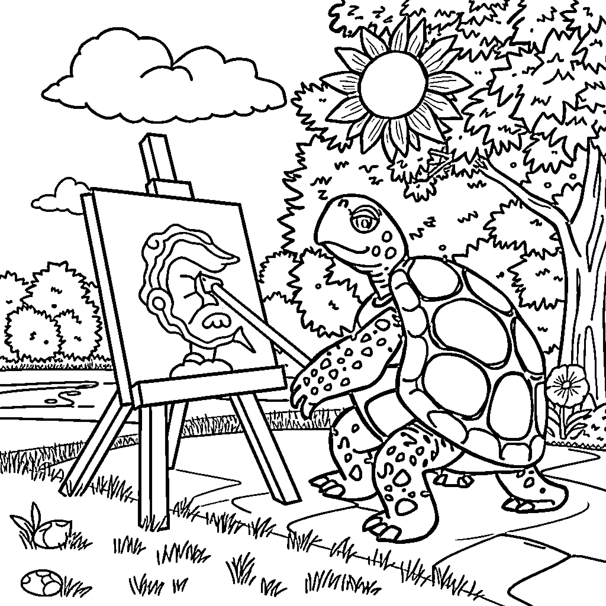 Turtle painting a self-portrait in the sunshine Coloring Page (free black-and-white line drawing printable PDF for all, from beginners to advanced learners, including children, teens, adults, and seniors)