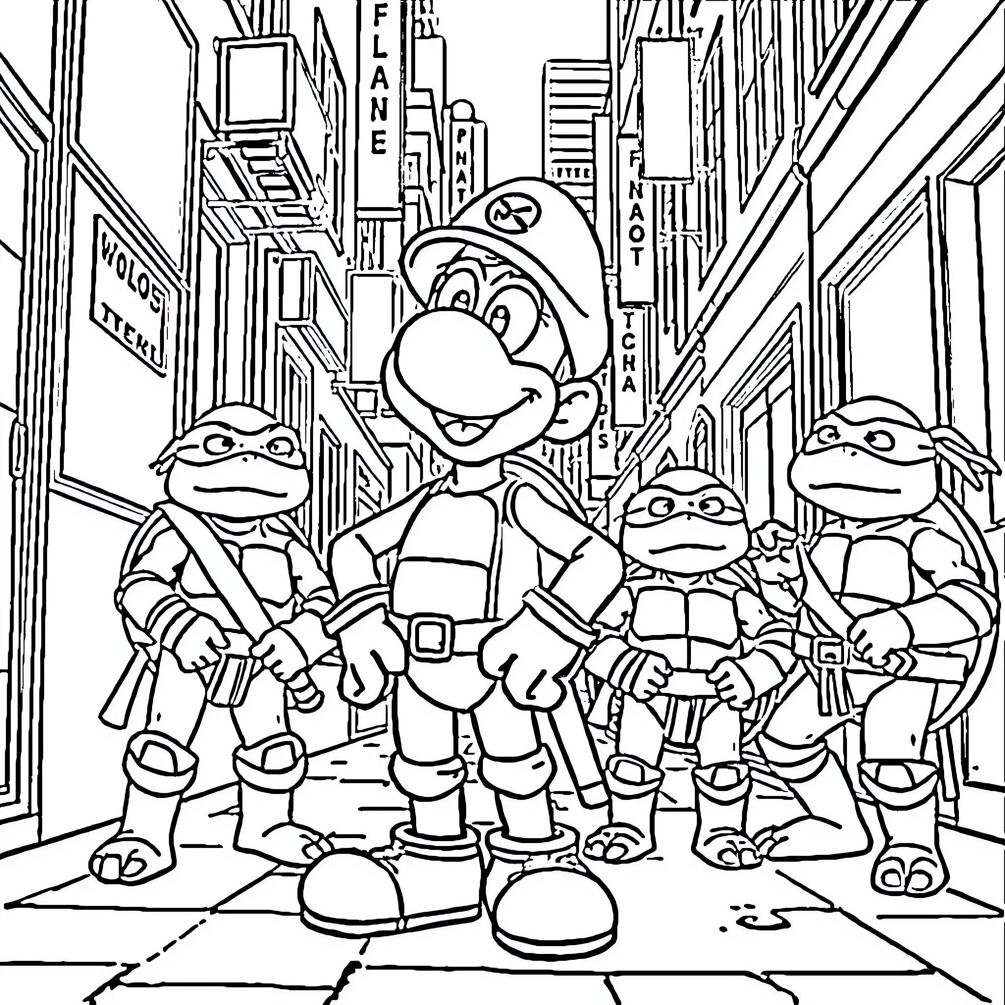 Gooigi and friends explore the city streets Coloring Page (free black-and-white line drawing printable PDF for all, from beginners to advanced learners, including children, teens, adults, and seniors)