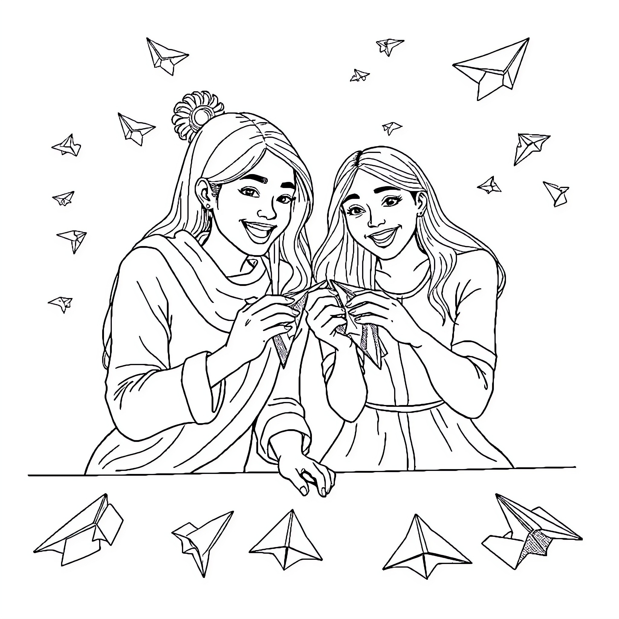 Avión: Two friends enjoying paper airplanes Coloring Page (free black-and-white line drawing printable PDF for all, from beginners to advanced learners, including children, teens, adults, and seniors)