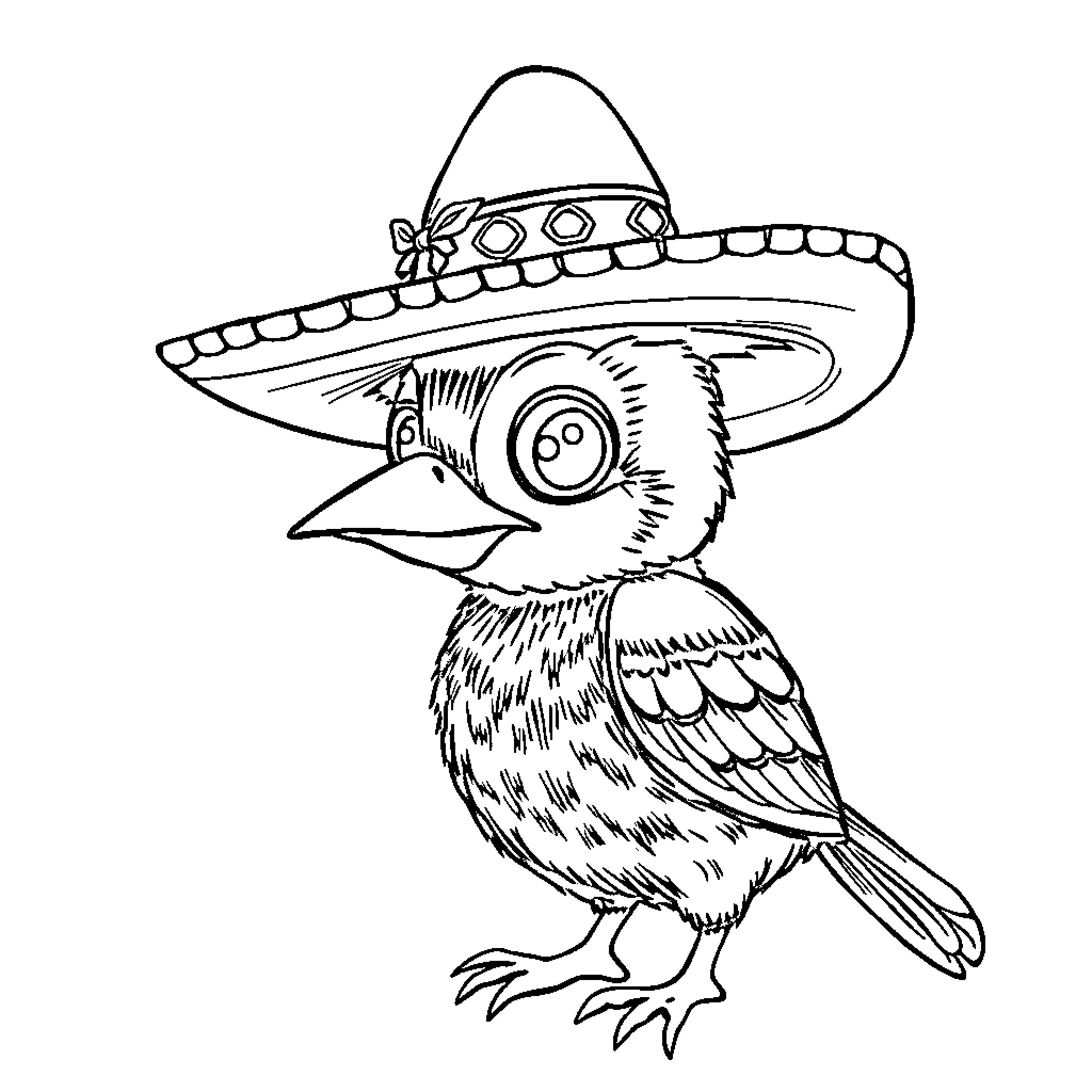 Pea Bird wearing festive sombrero Coloring Page (free black-and-white line drawing printable PDF for all, from beginners to advanced learners, including children, teens, adults, and seniors)