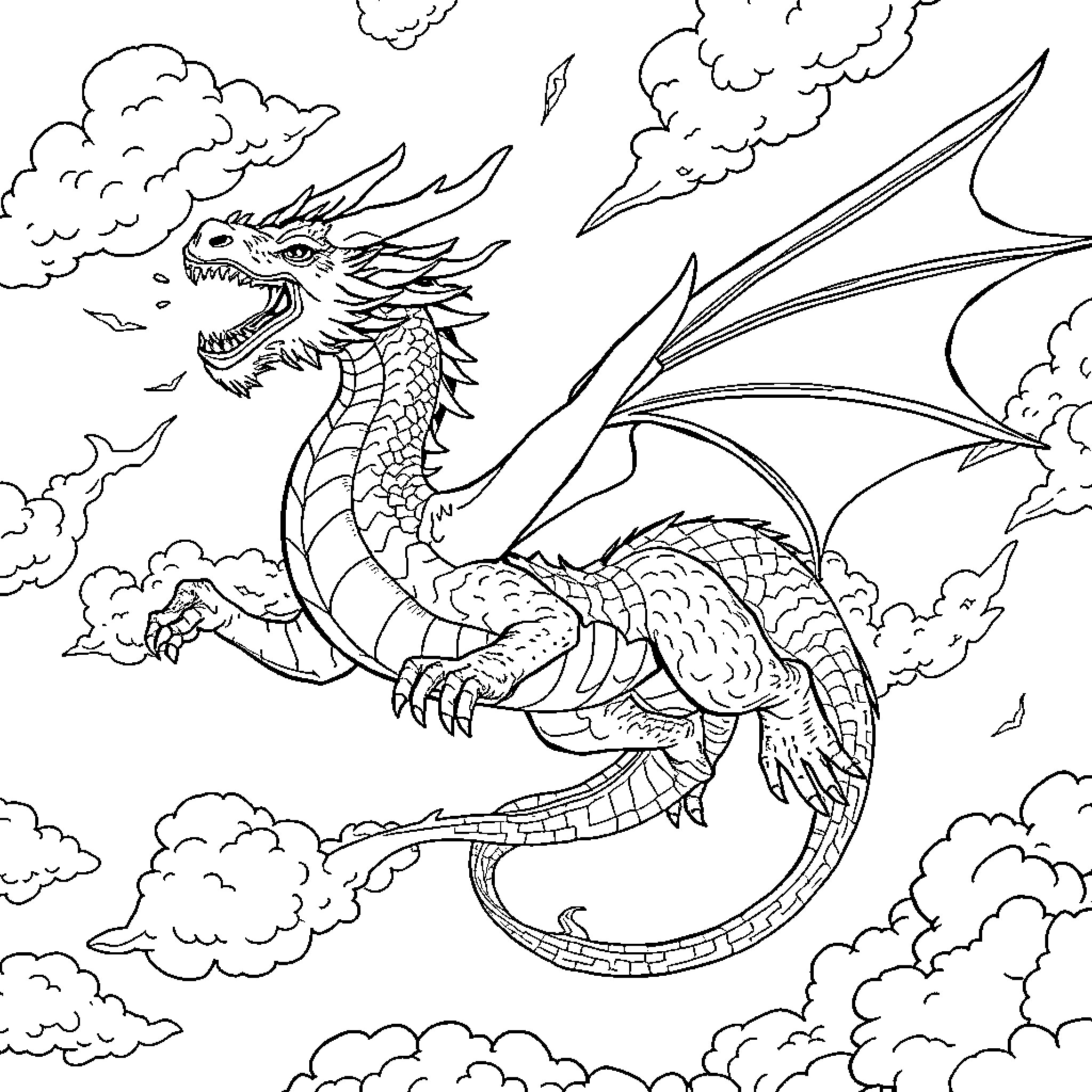 Dragon soaring through the cloudy skies Coloring Page (free black-and-white line drawing printable PDF for all, from beginners to advanced learners, including children, teens, adults, and seniors)