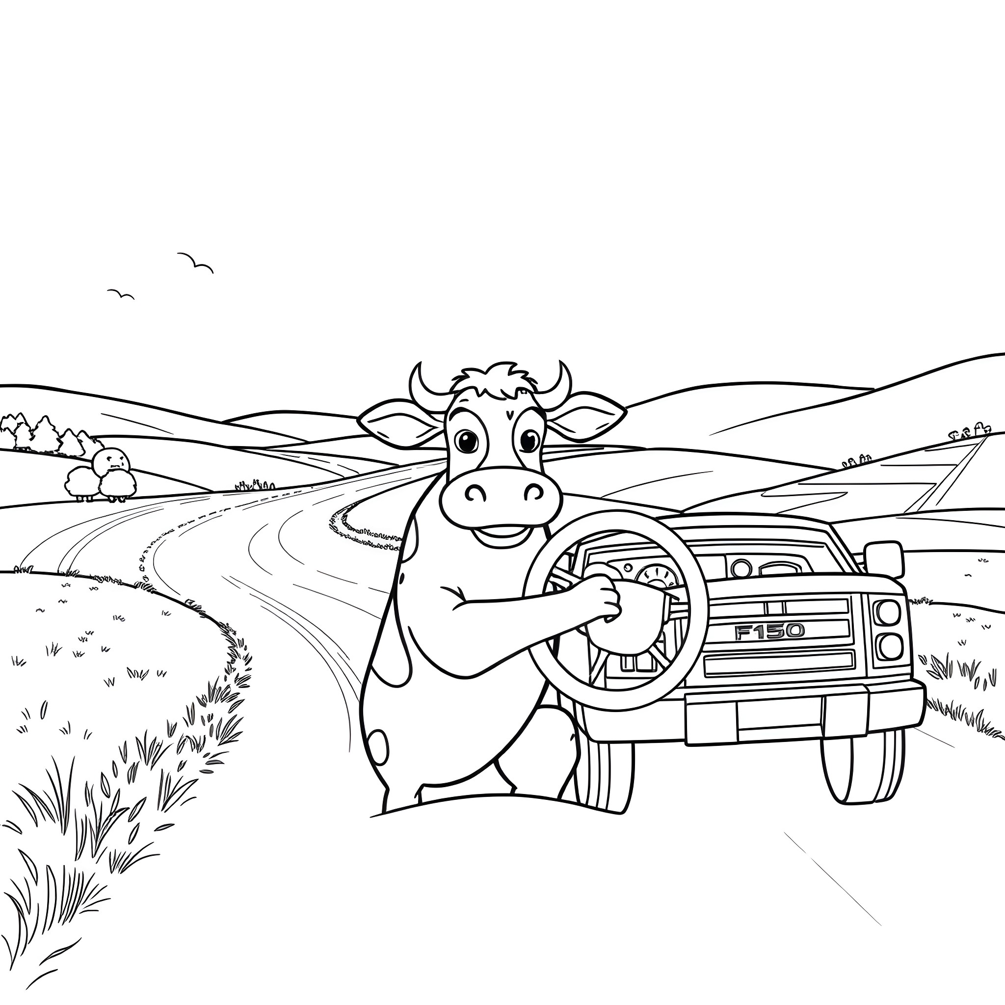 Cow Driving Truck on Countryside Road Coloring Page (free black-and-white line drawing printable PDF for all, from beginners to advanced learners, including children, teens, adults, and seniors)