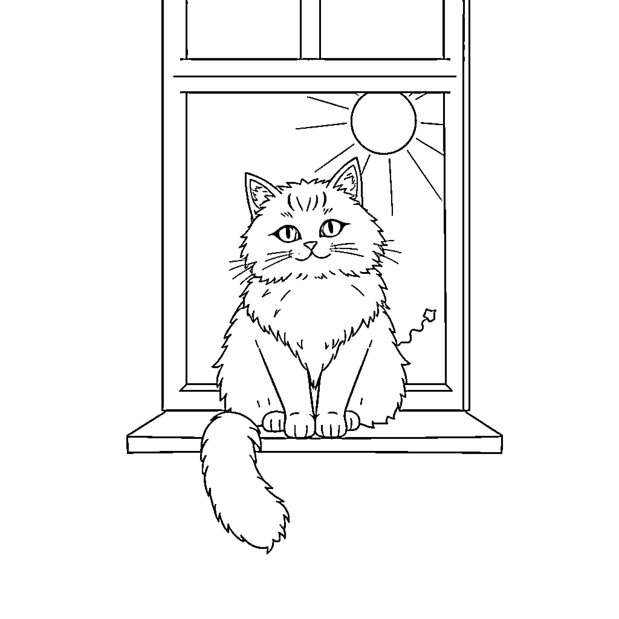 Cat sitting in window on a sunny day Coloring Page (free black-and-white line drawing printable PDF for all, from beginners to advanced learners, including children, teens, adults, and seniors)