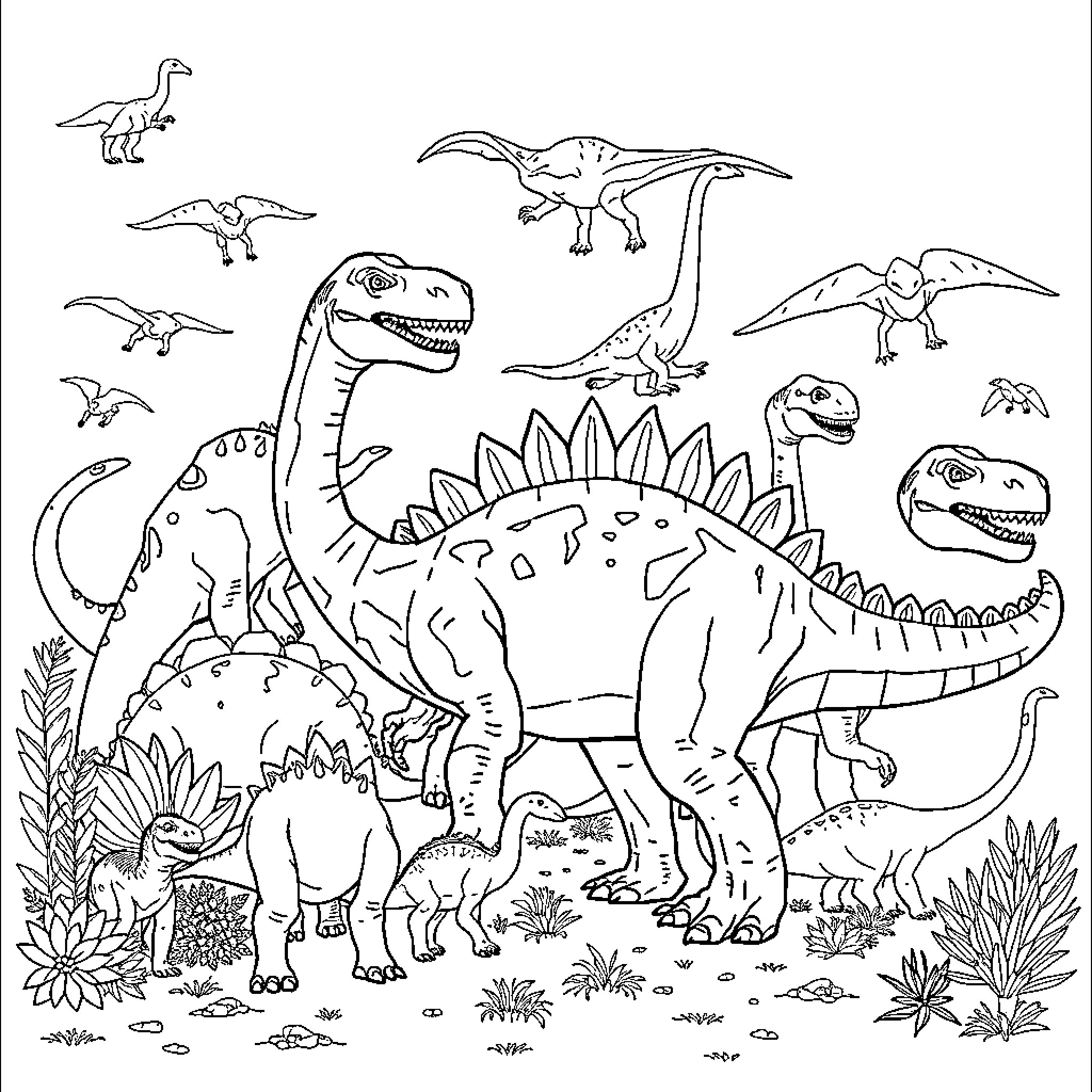 Dinosaur family in a prehistoric landscape Coloring Page (free black-and-white line drawing printable PDF for all, from beginners to advanced learners, including children, teens, adults, and seniors)