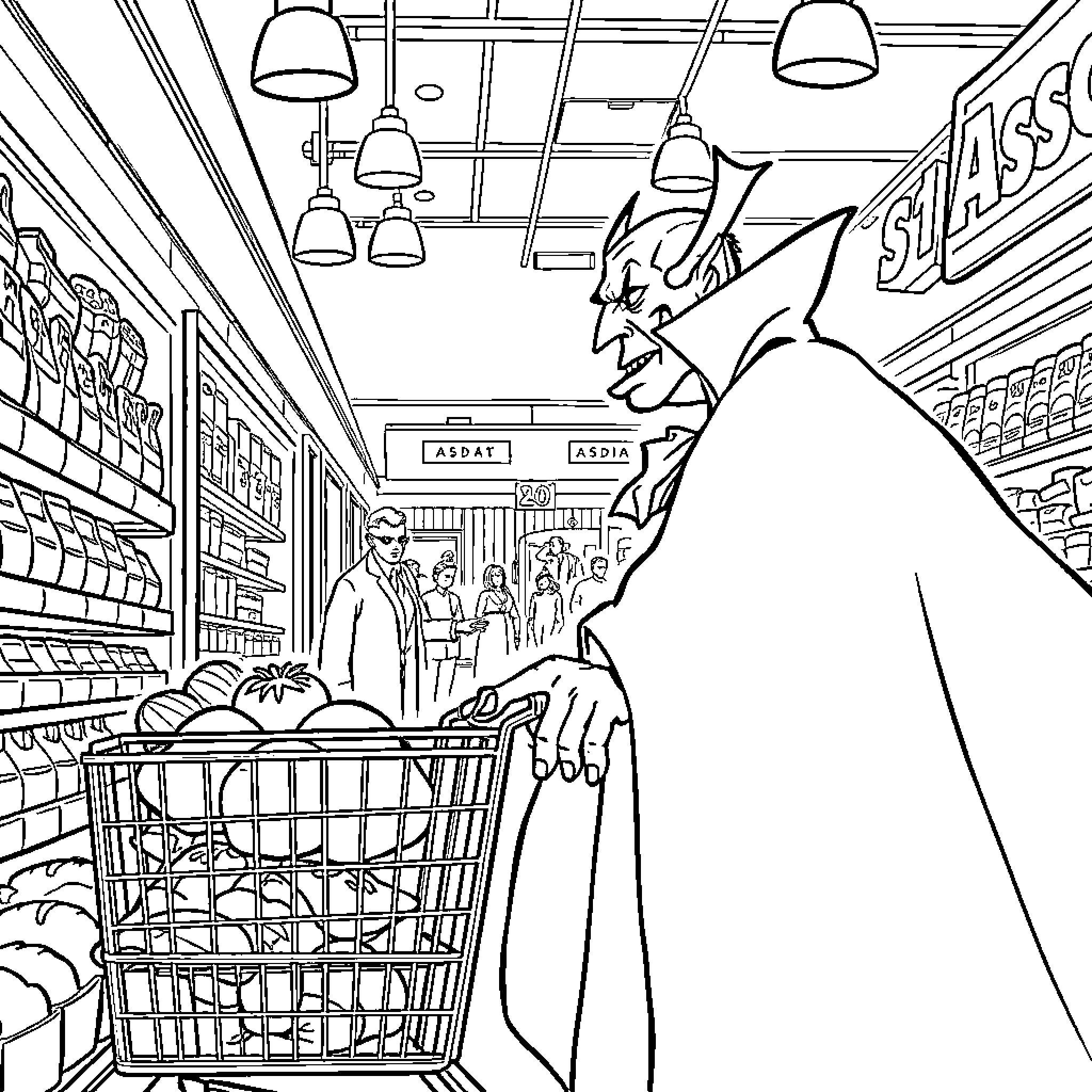 Dracula shopping in a convenience store Coloring Page (free black-and-white line drawing printable PDF for all, from beginners to advanced learners, including children, teens, adults, and seniors)