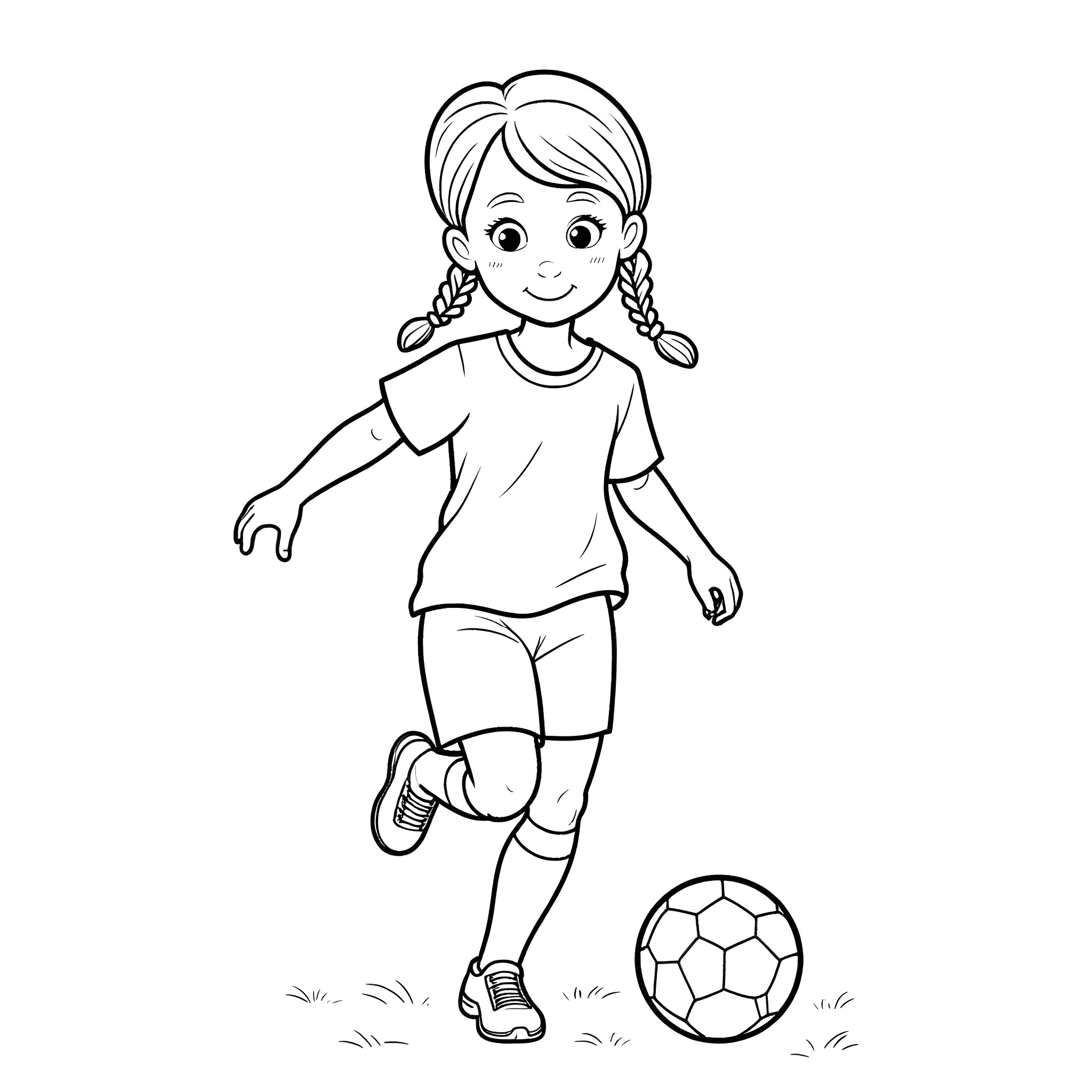 Girl playing with a soccer ball Coloring Page (free black-and-white line drawing printable PDF for all, from beginners to advanced learners, including children, teens, adults, and seniors)