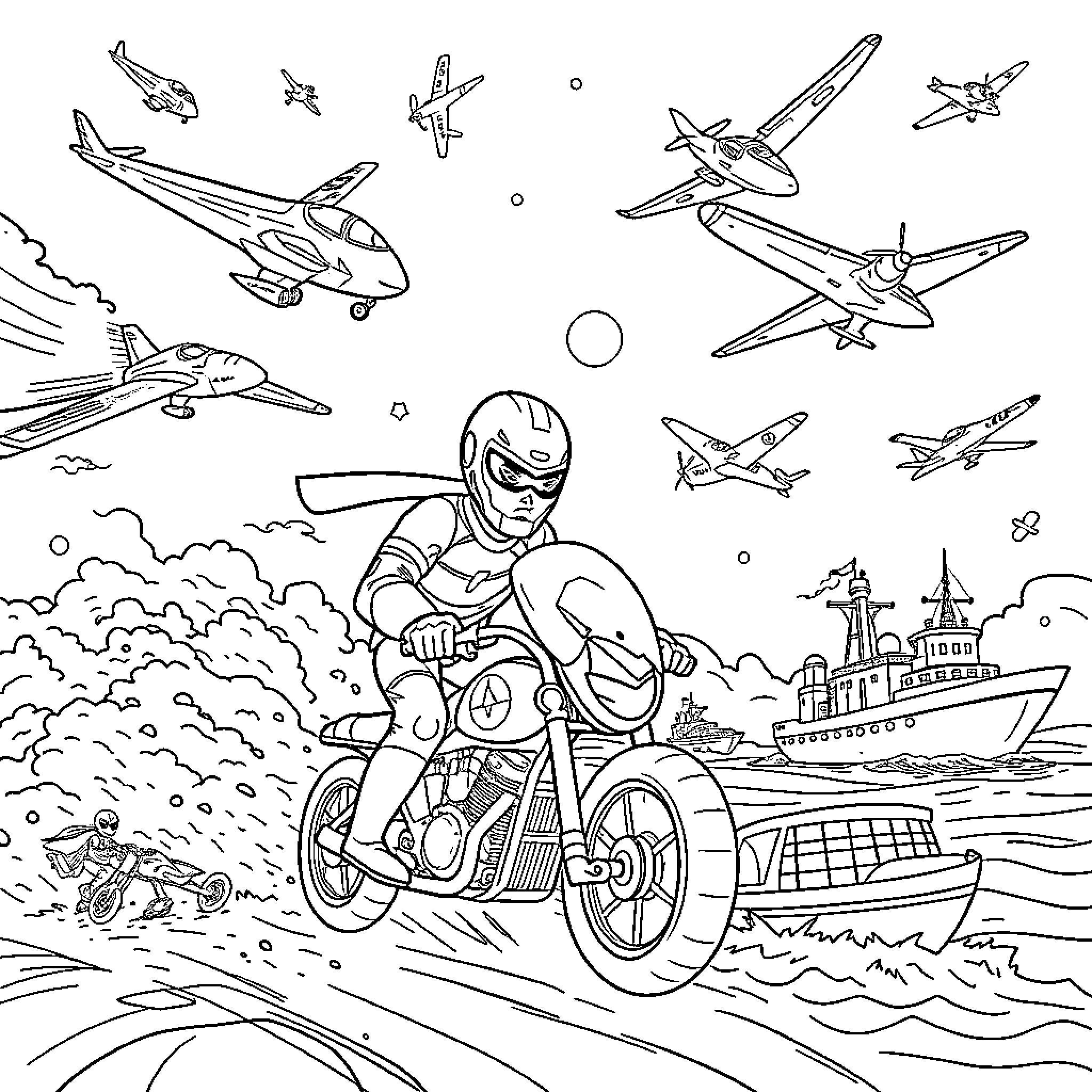 Hero on Motorcycle with Aircraft and Ship Coloring Page (free black-and-white line drawing printable PDF for all, from beginners to advanced learners, including children, teens, adults, and seniors)