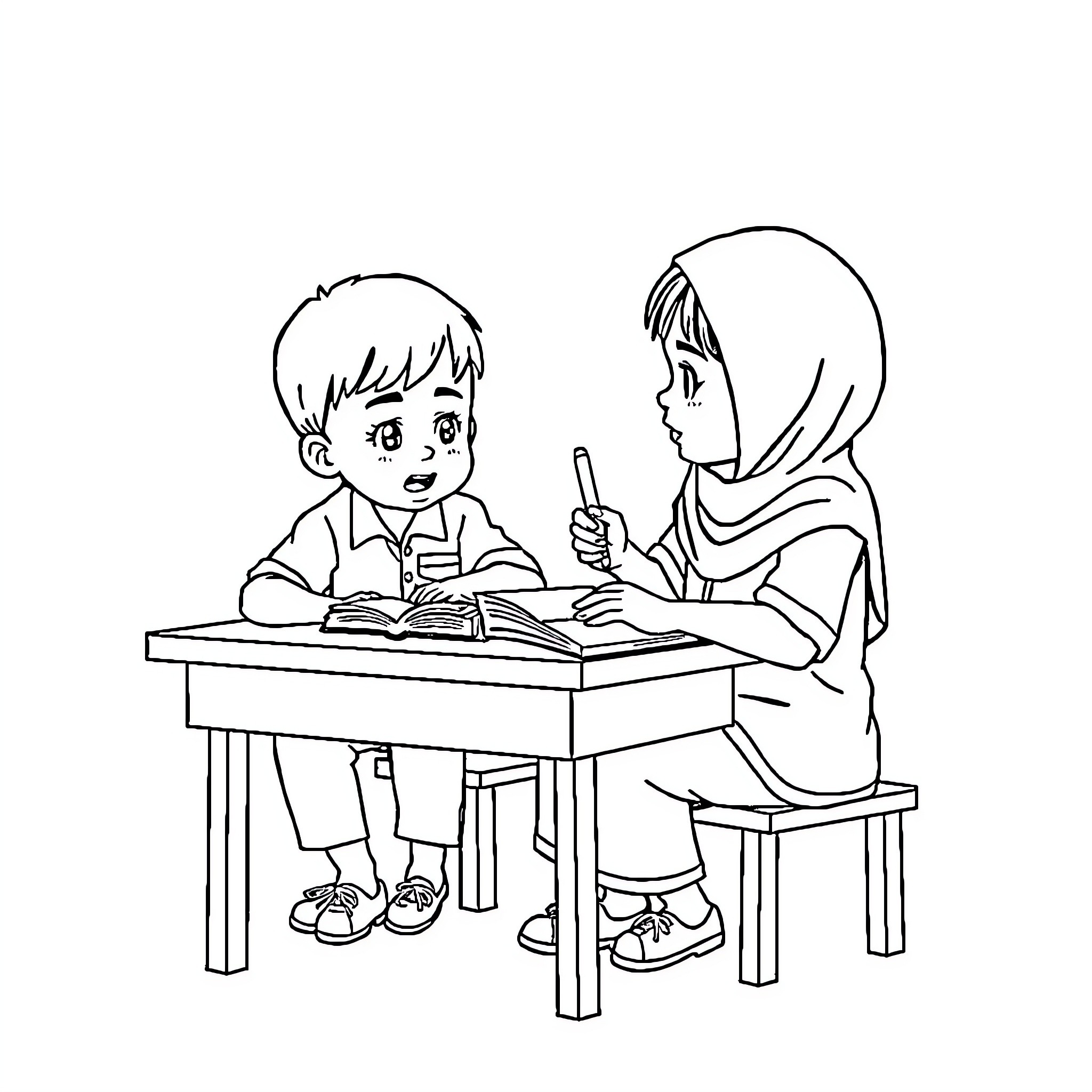 School Children Studying Together at Desk Coloring Page (free black-and-white line drawing printable PDF for all, from beginners to advanced learners, including children, teens, adults, and seniors)