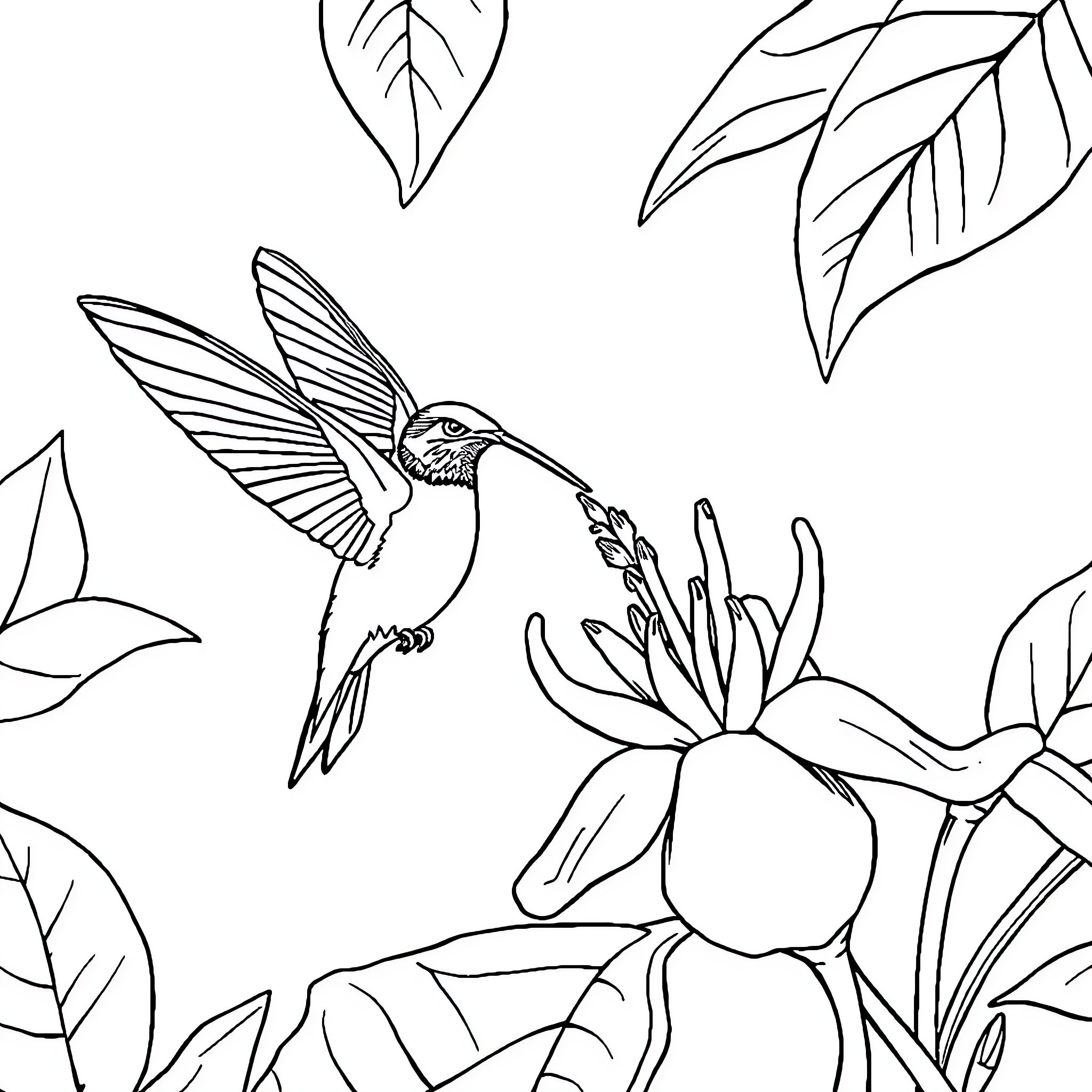 Hummingbird gracefully fluttering near vibrant flowers Coloring Page (free black-and-white line drawing printable PDF for all, from beginners to advanced learners, including children, teens, adults, and seniors)