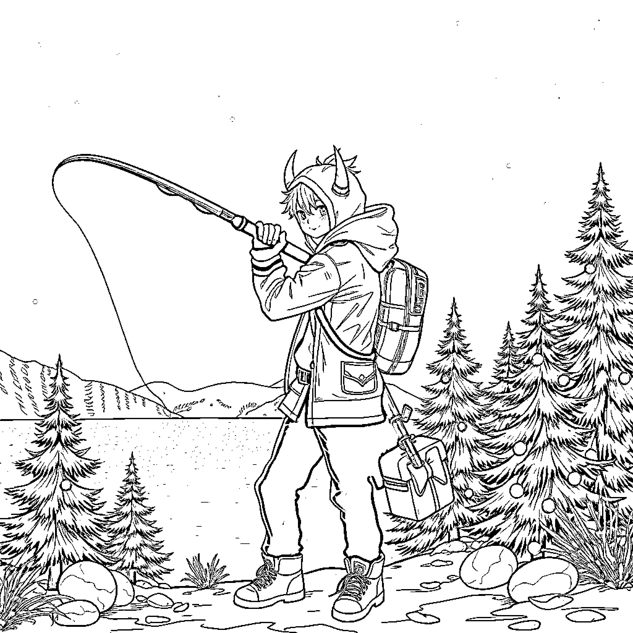 Demon Hunter Confronts Supernatural Threats in the Wilderness Coloring Page (free black-and-white line drawing printable PDF for all, from beginners to advanced learners, including children, teens, adults, and seniors)
