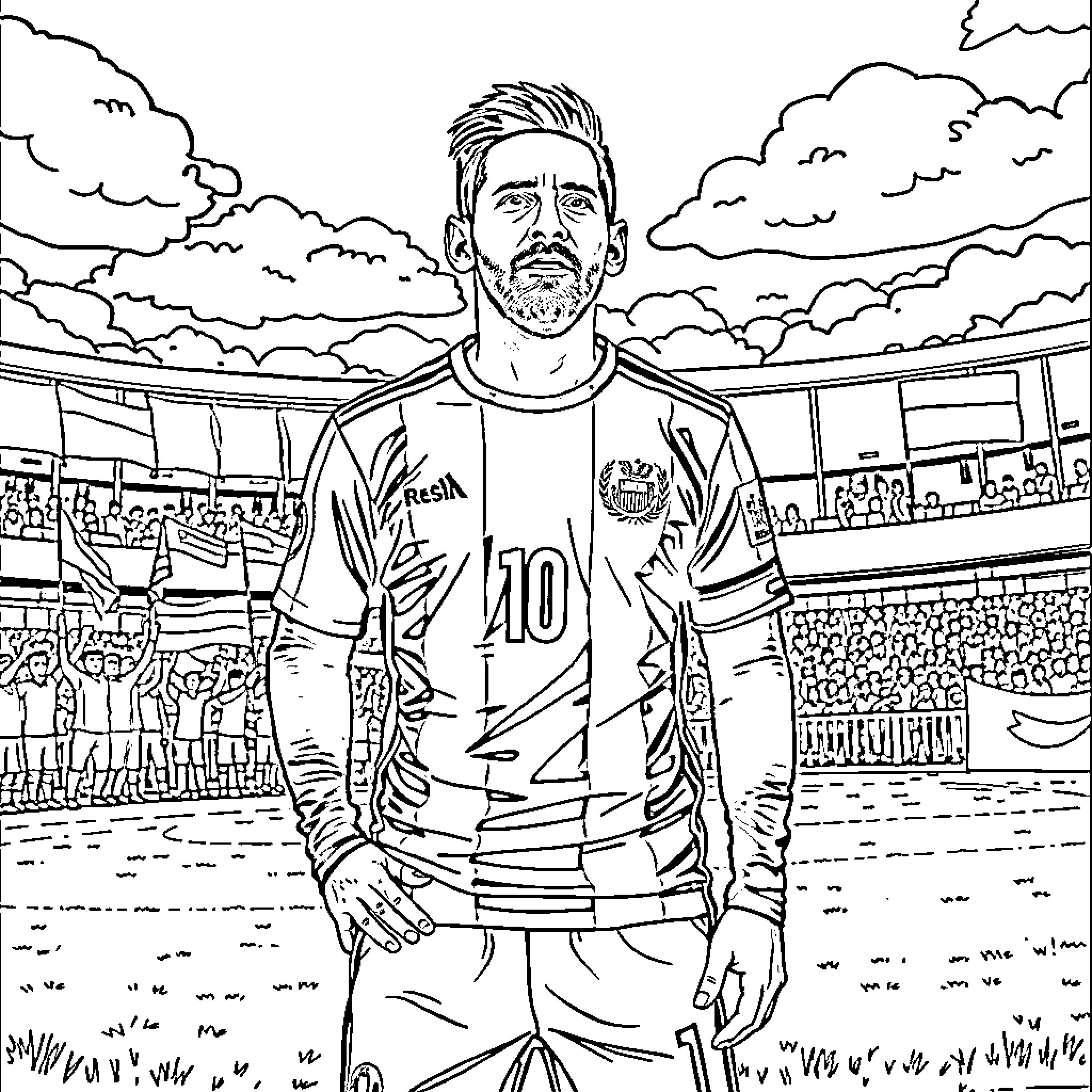 Messi on the pitch with a determined expression Coloring Page (free black-and-white line drawing printable PDF for all, from beginners to advanced learners, including children, teens, adults, and seniors)