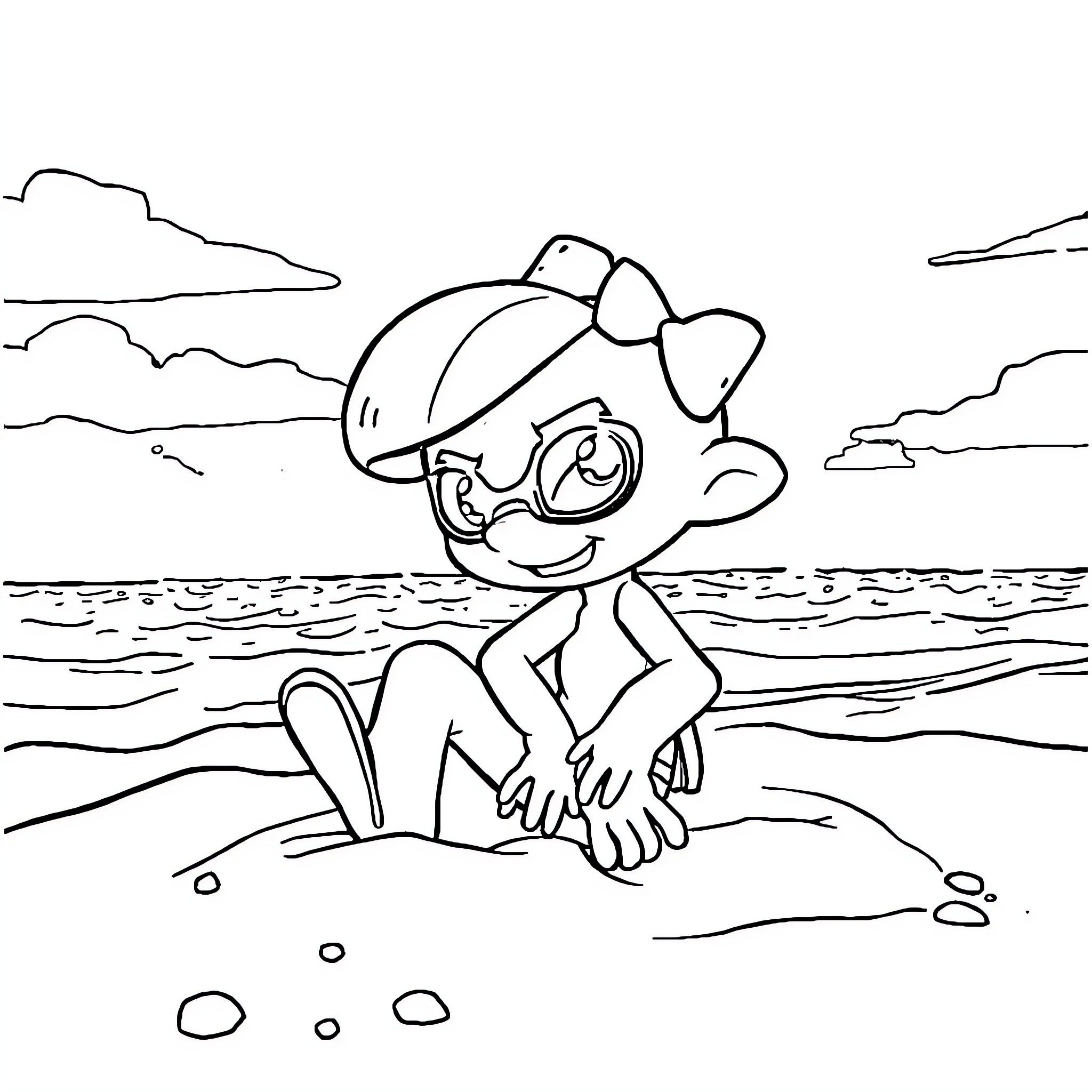 Inkling creature exploring the shoreline Coloring Page (free black-and-white line drawing printable PDF for all, from beginners to advanced learners, including children, teens, adults, and seniors)