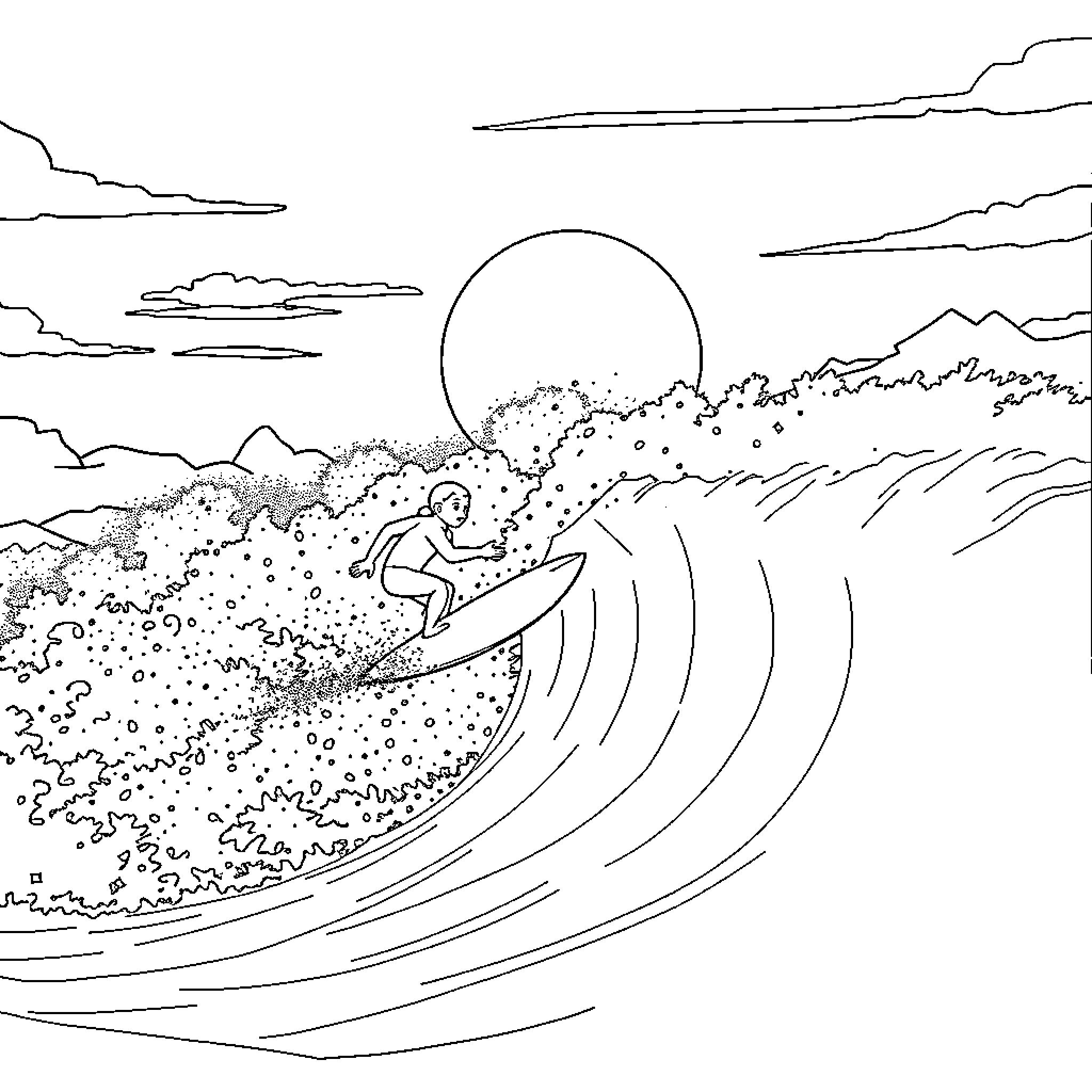 Stitch surfs waves under the moonlight Coloring Page (free black-and-white line drawing printable PDF for all, from beginners to advanced learners, including children, teens, adults, and seniors)
