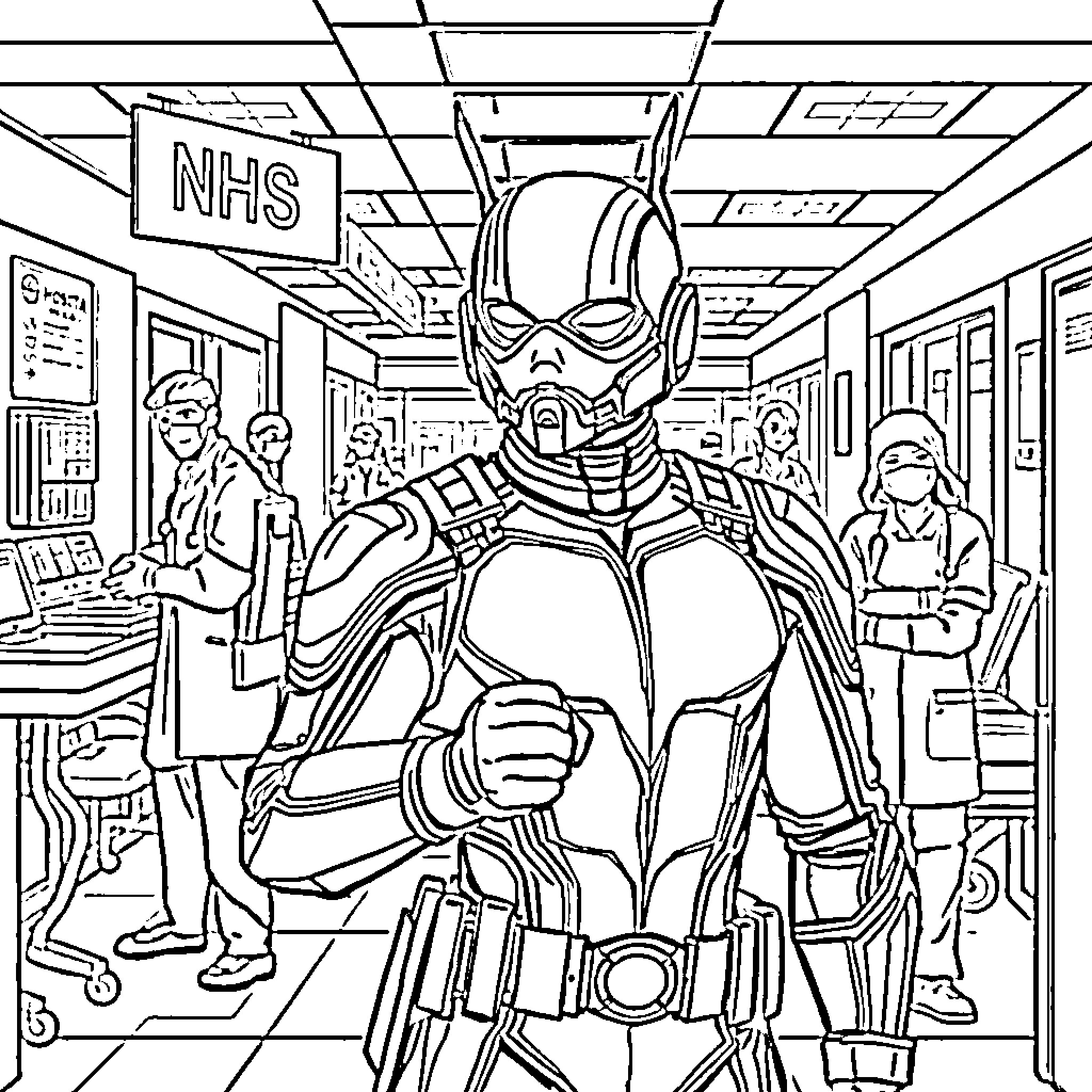 Antman exploring the hospital with medical staff Coloring Page (free black-and-white line drawing printable PDF for all, from beginners to advanced learners, including children, teens, adults, and seniors)