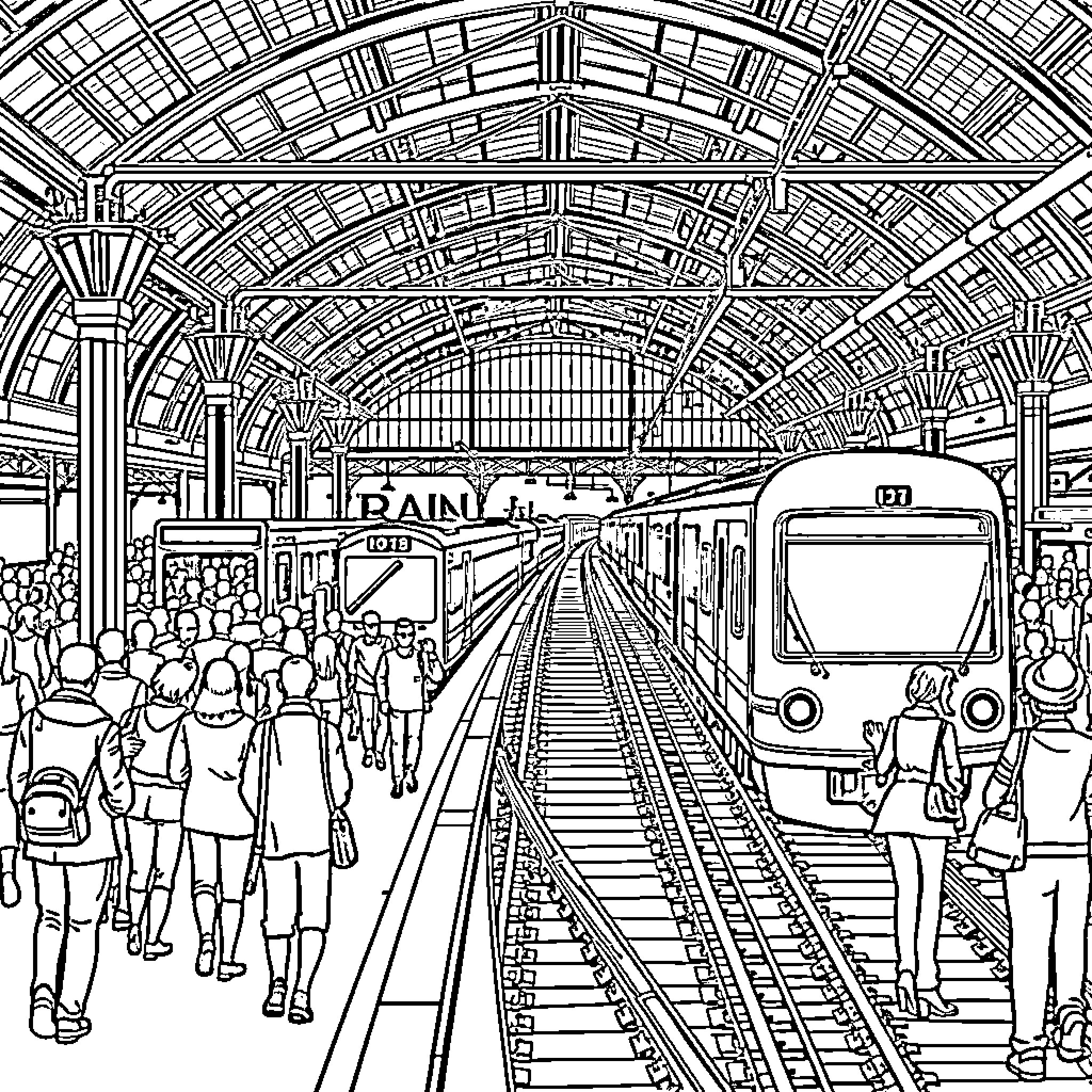 Train Station Bustling with Commuters and Trains Coloring Page (free black-and-white line drawing printable PDF for all, from beginners to advanced learners, including children, teens, adults, and seniors)