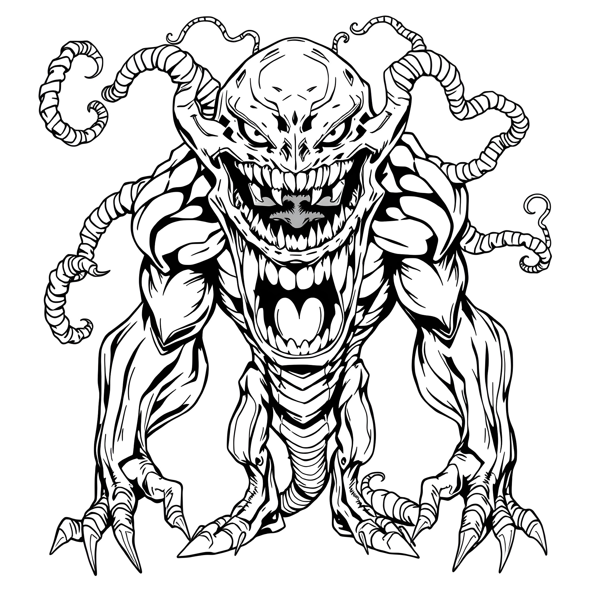 Bizarnage - Monstrous Creature with Twisted Limbs Coloring Page (free black-and-white line drawing printable PDF for all, from beginners to advanced learners, including children, teens, adults, and seniors)
