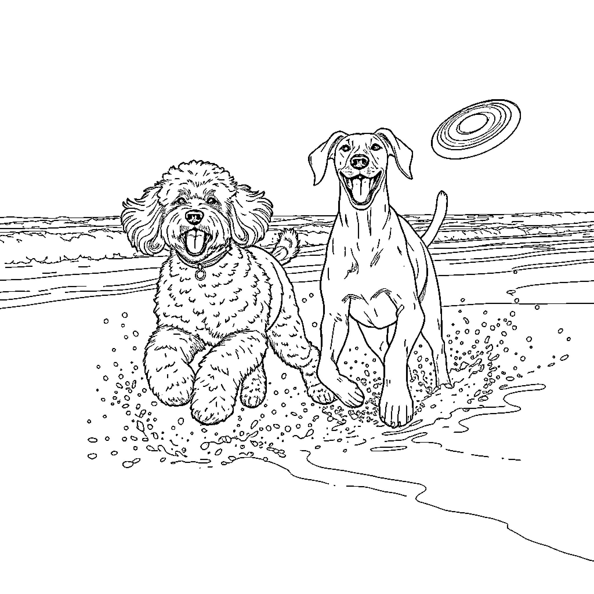 Dog friends playing with frisbee on the beach Coloring Page (free black-and-white line drawing printable PDF for all, from beginners to advanced learners, including children, teens, adults, and seniors)