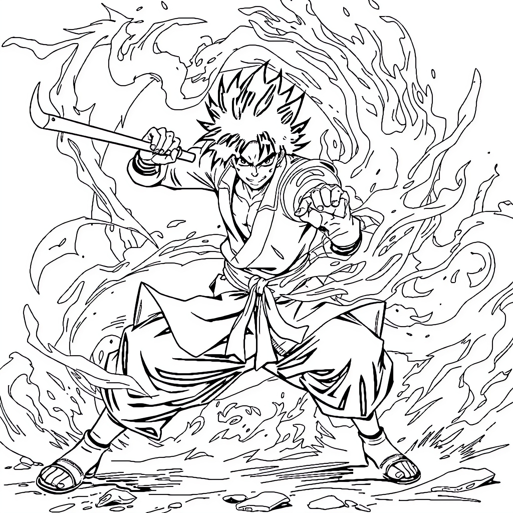 Roranoro Zoro wielding flaming sword in intense battle Coloring Page (free black-and-white line drawing printable PDF for all, from beginners to advanced learners, including children, teens, adults, and seniors)