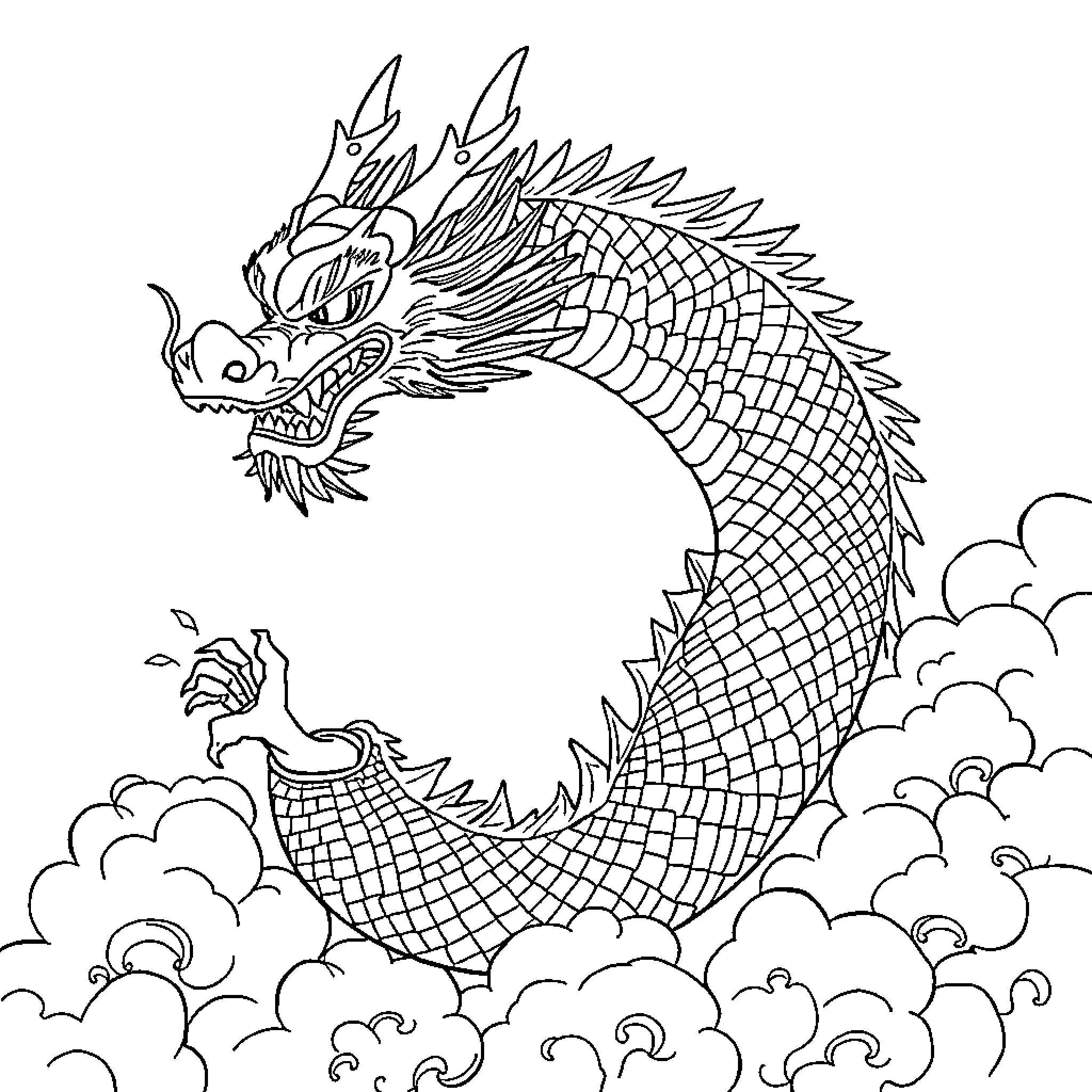 Dragon soaring amidst the clouds Coloring Page (free black-and-white line drawing printable PDF for all, from beginners to advanced learners, including children, teens, adults, and seniors)