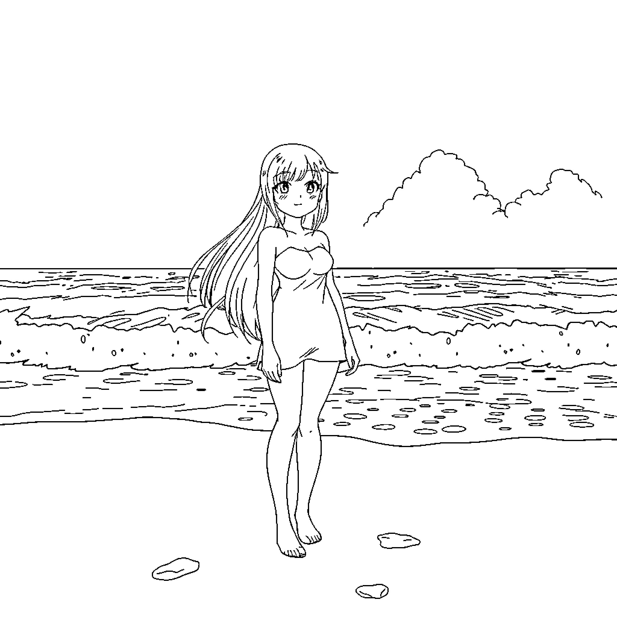 Kurisu Makise standing on the beach Coloring Page (free black-and-white line drawing printable PDF for all, from beginners to advanced learners, including children, teens, adults, and seniors)