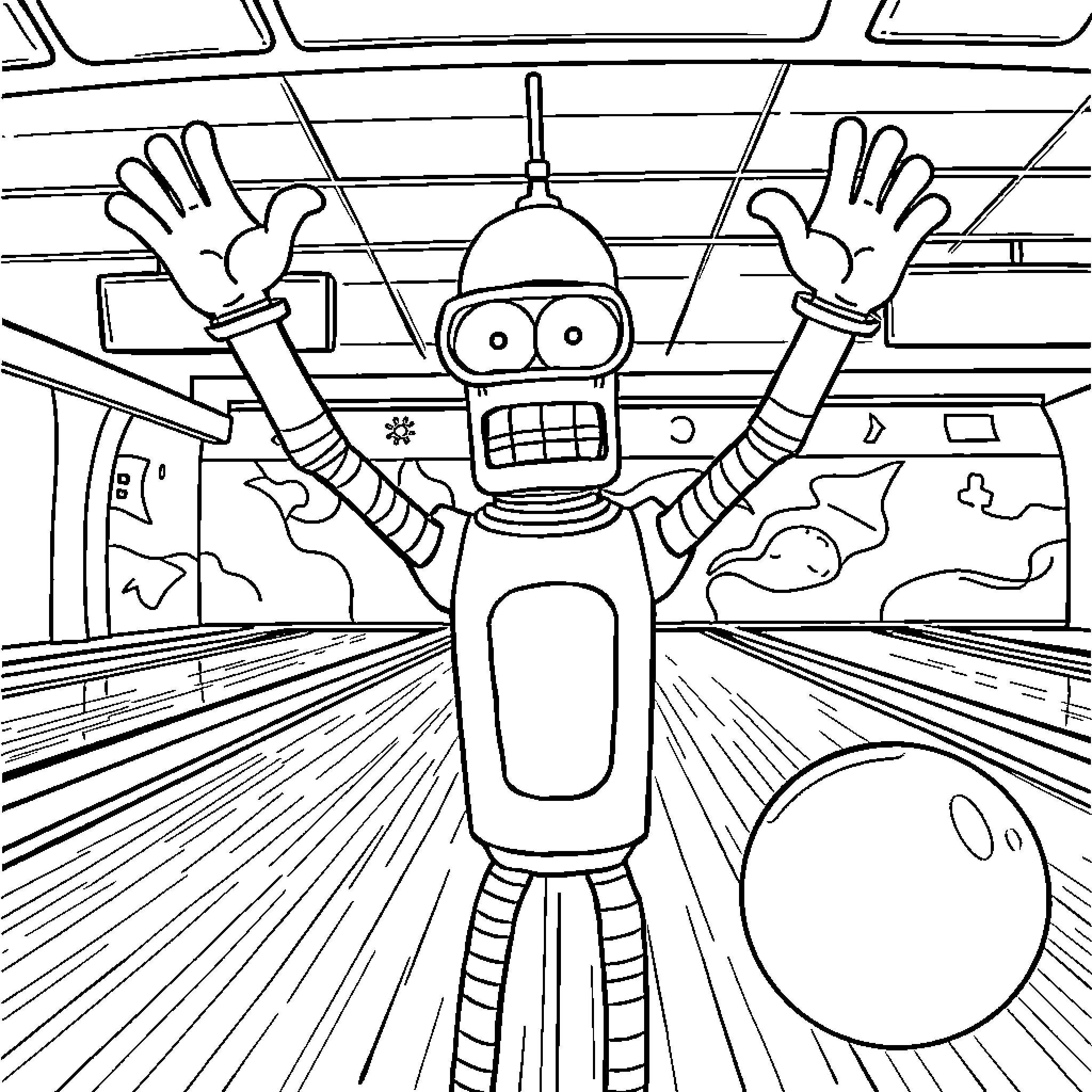 Bender's Zany Adventure in the Spaceship Coloring Page (free black-and-white line drawing printable PDF for all, from beginners to advanced learners, including children, teens, adults, and seniors)