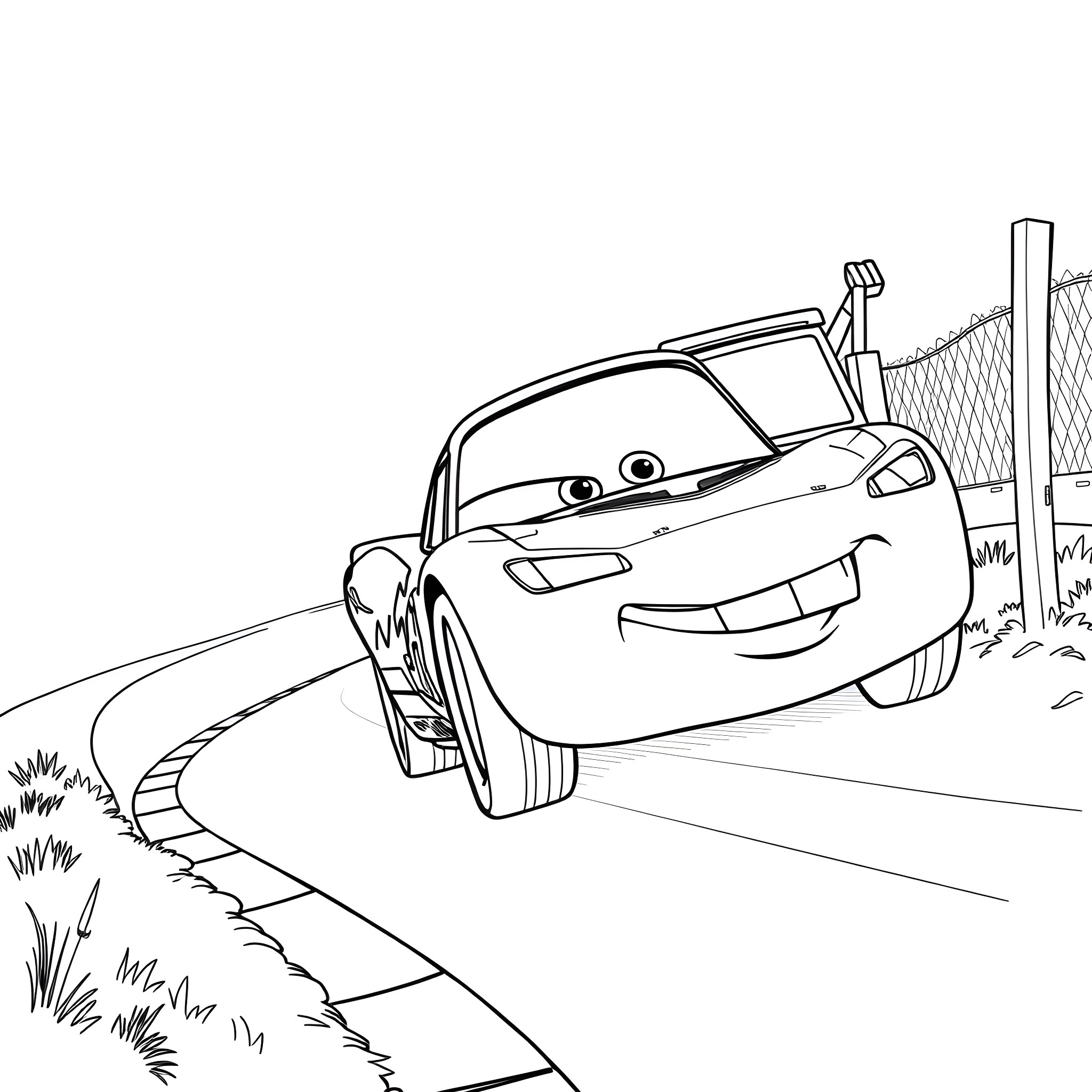Lightning McQueen driving on the road Coloring Page (free black-and-white line drawing printable PDF for all, from beginners to advanced learners, including children, teens, adults, and seniors)