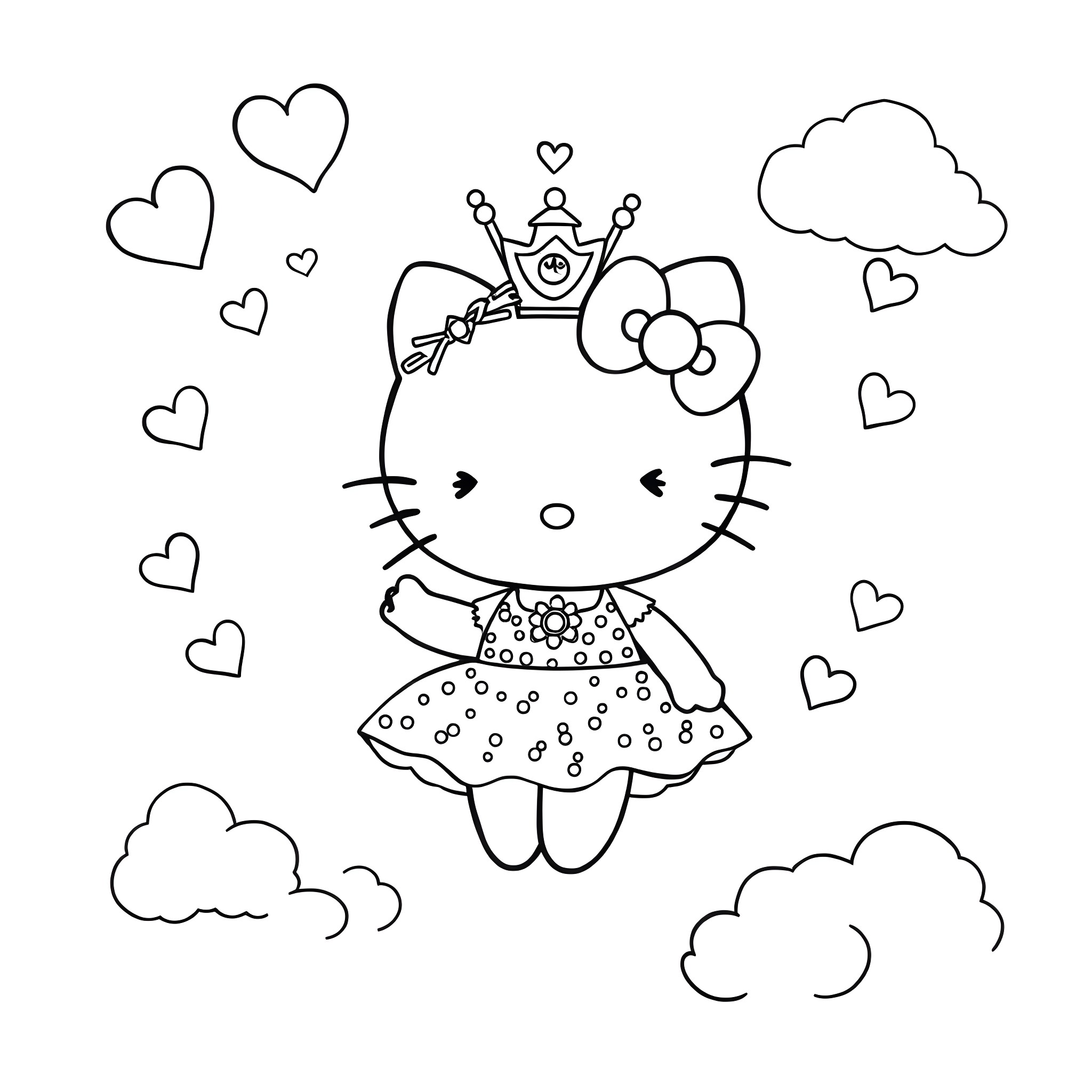Hello Kitty as a royal princess in the clouds Coloring Page (free black-and-white line drawing printable PDF for all, from beginners to advanced learners, including children, teens, adults, and seniors)