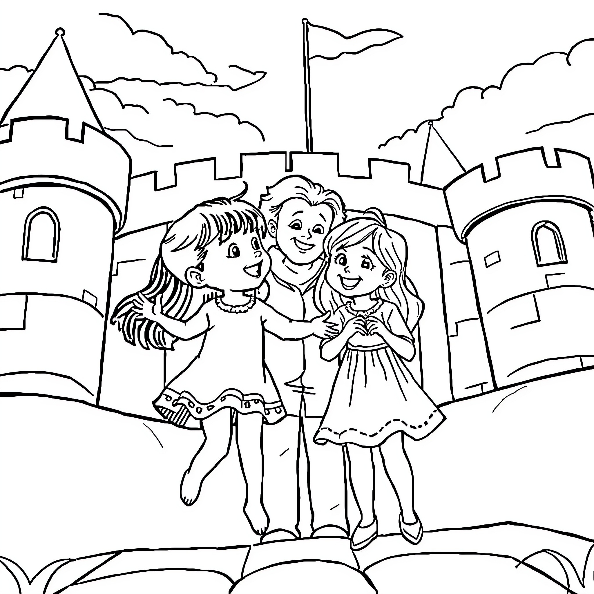 Family enjoying a day at the castle Coloring Page (free black-and-white line drawing printable PDF for all, from beginners to advanced learners, including children, teens, adults, and seniors)