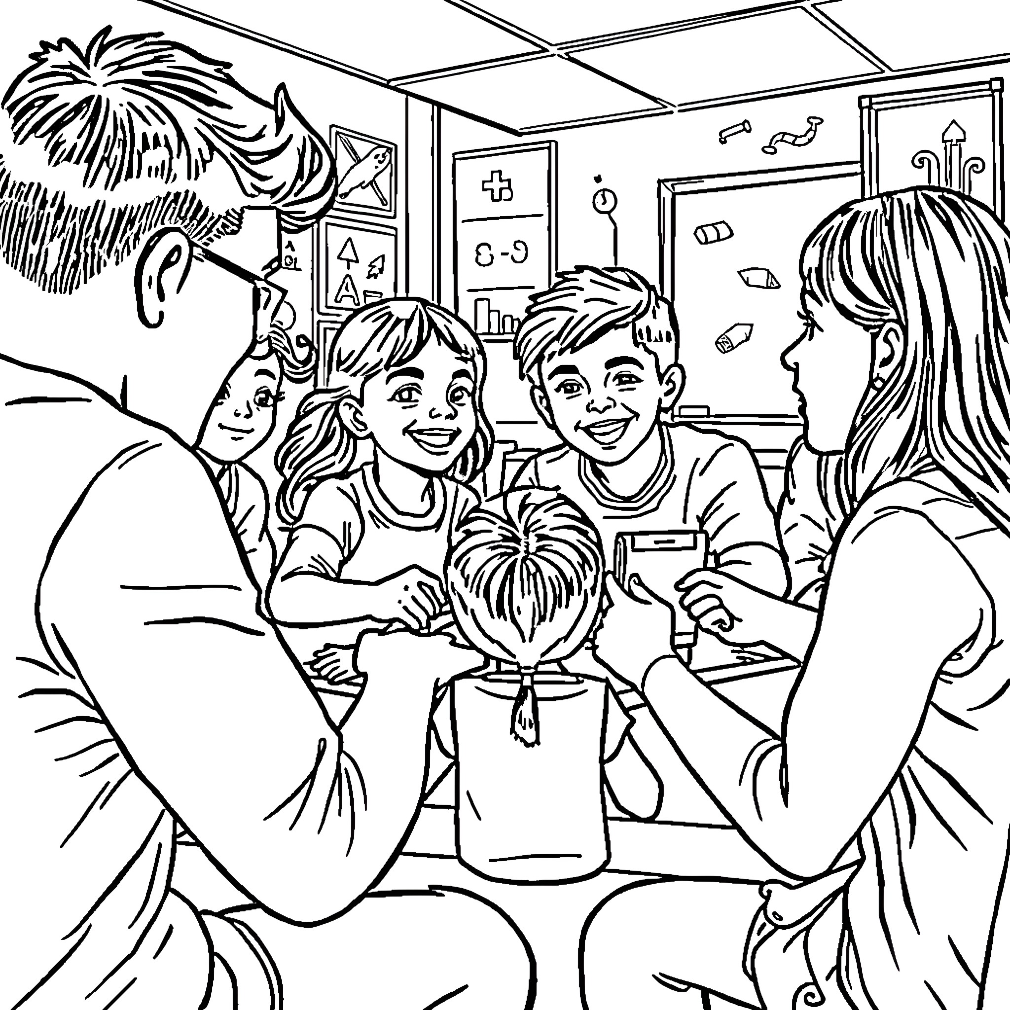 Spanish Family Gathered Around Potted Plant Coloring Page (free black-and-white line drawing printable PDF for all, from beginners to advanced learners, including children, teens, adults, and seniors)