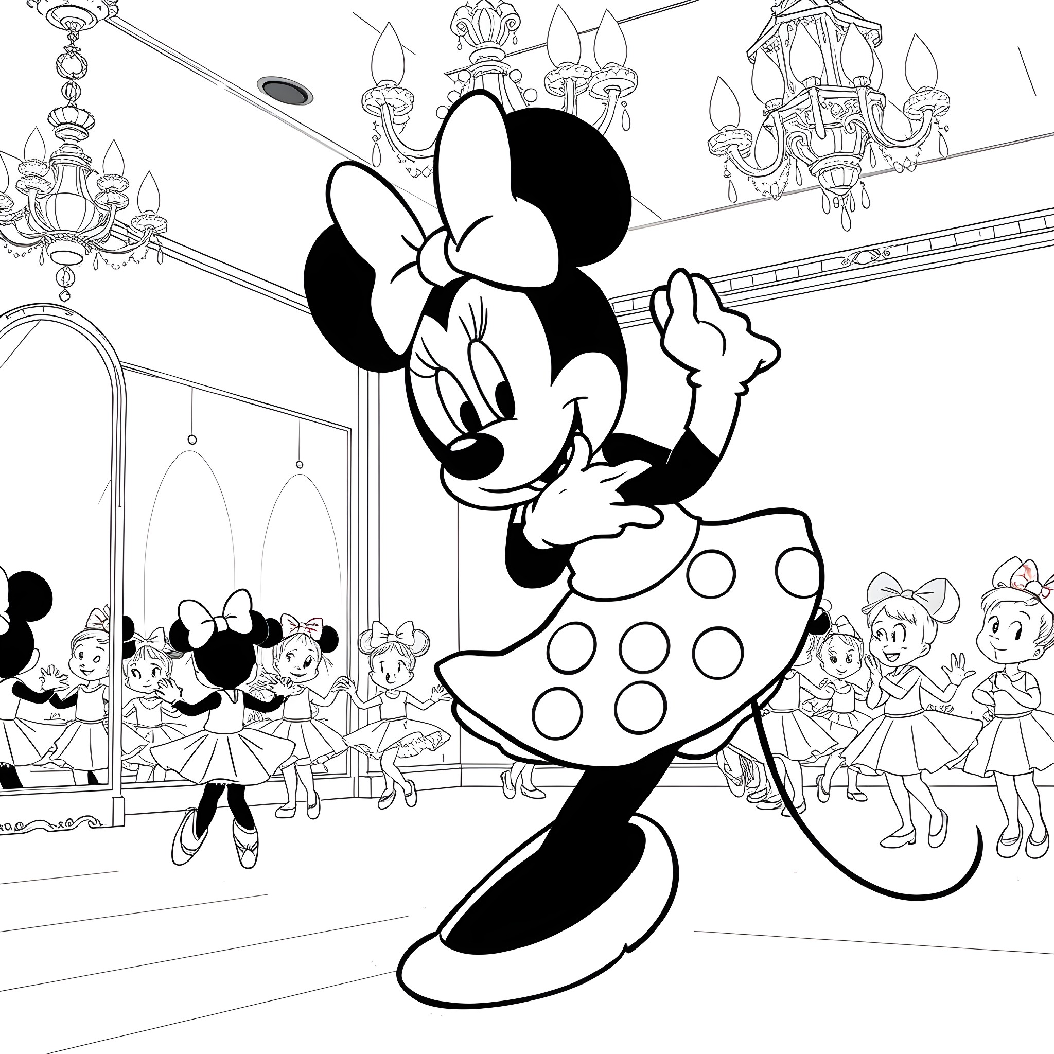 Minnie Mouse dancing joyfully in a colorful setting Coloring Page (free black-and-white line drawing printable PDF for all, from beginners to advanced learners, including children, teens, adults, and seniors)