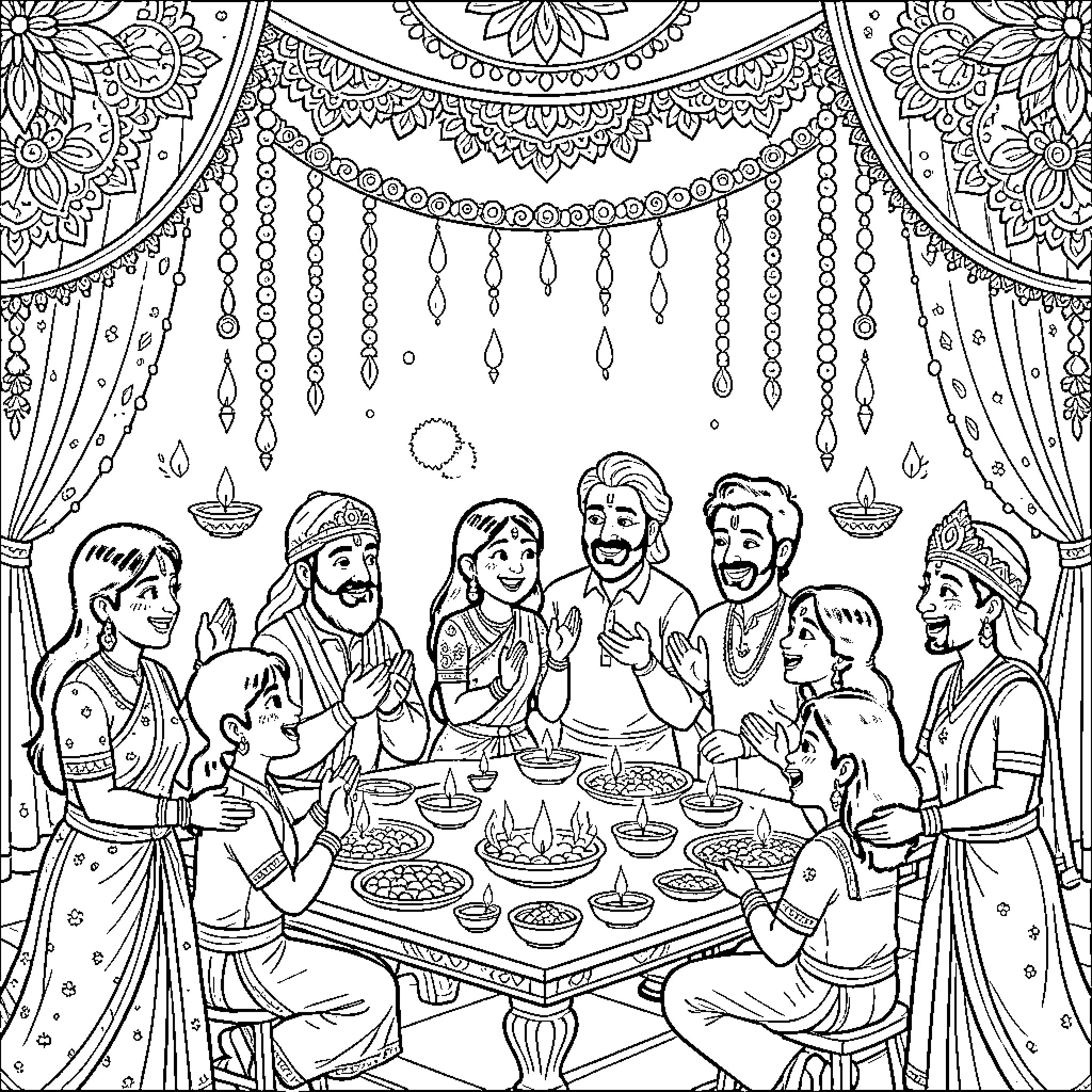 Diwali Celebration with Family and Friends Coloring Page (free black-and-white line drawing printable PDF for all, from beginners to advanced learners, including children, teens, adults, and seniors)