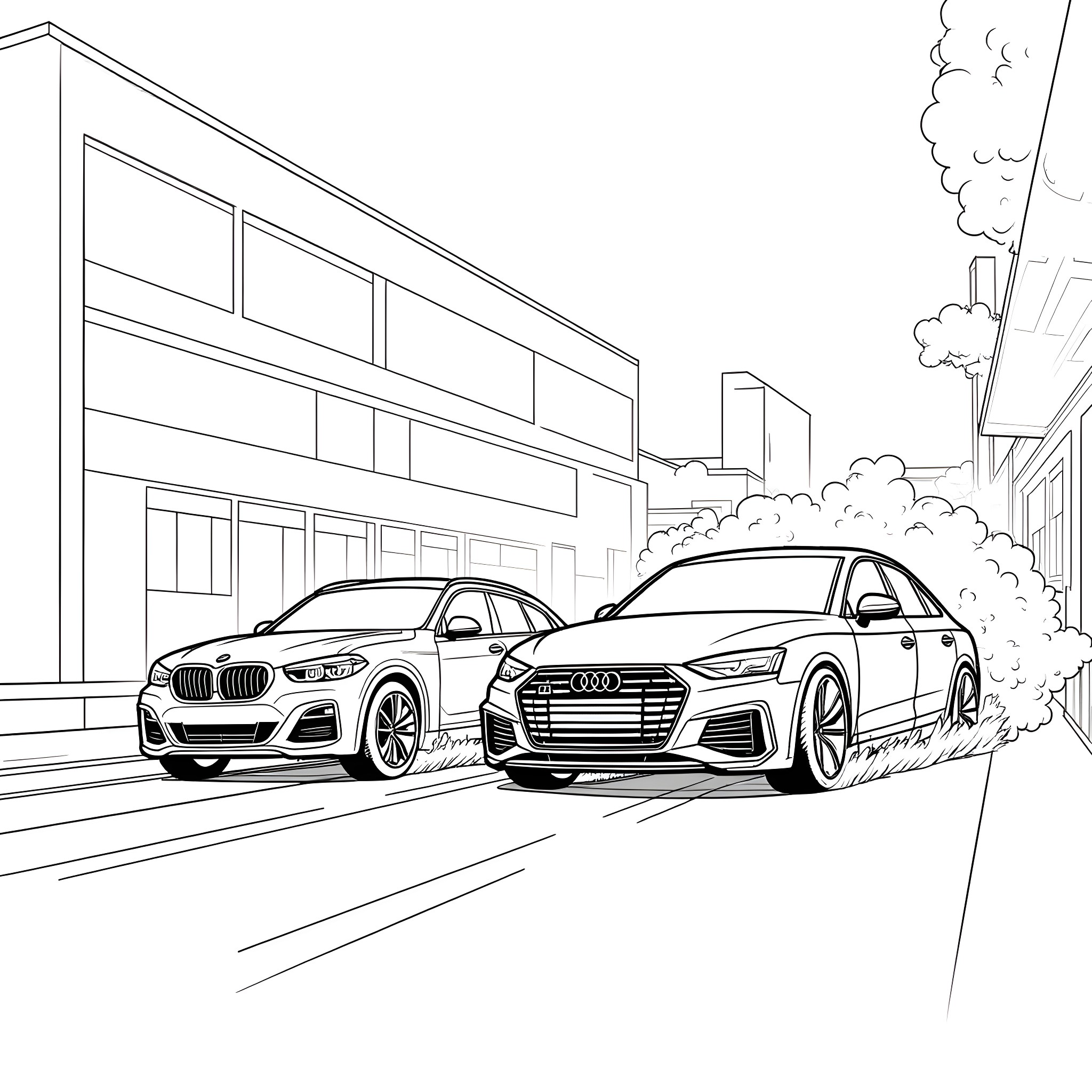 Cars parked in the city street Coloring Page (free black-and-white line drawing printable PDF for all, from beginners to advanced learners, including children, teens, adults, and seniors)