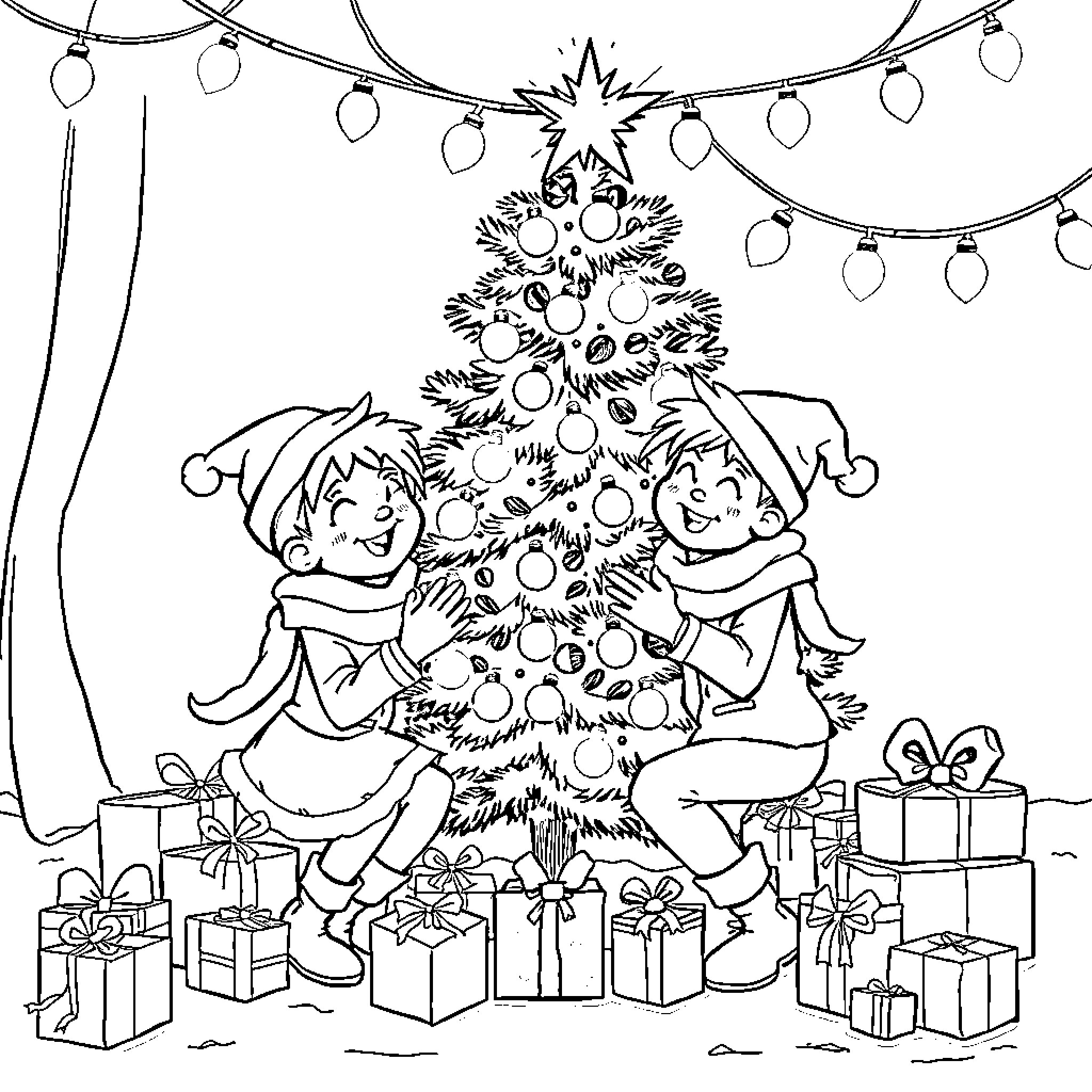 Christmas Kids Decorating the Tree with Lights Coloring Page (free black-and-white line drawing printable PDF for all, from beginners to advanced learners, including children, teens, adults, and seniors)
