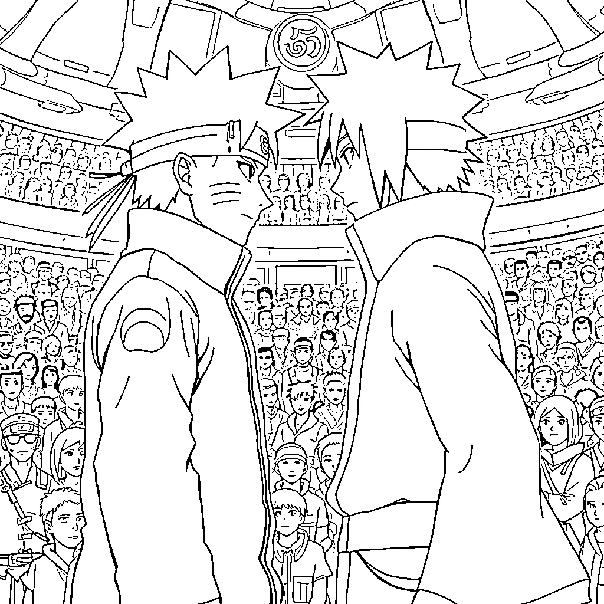 Naruto facing a crowd in a grand stadium Coloring Page (free black-and-white line drawing printable PDF for all, from beginners to advanced learners, including children, teens, adults, and seniors)