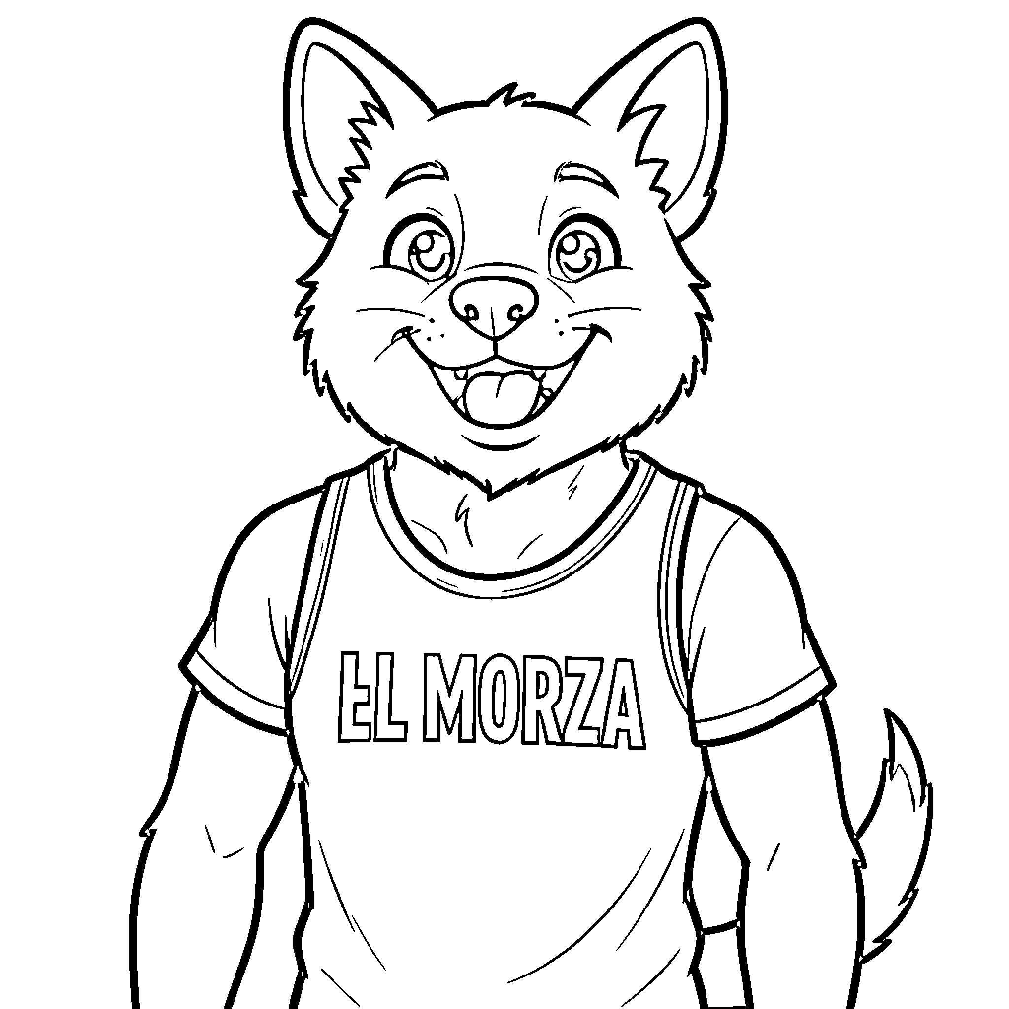 Morza the Cheerful Fox in El Morza Jersey Coloring Page (free black-and-white line drawing printable PDF for all, from beginners to advanced learners, including children, teens, adults, and seniors)