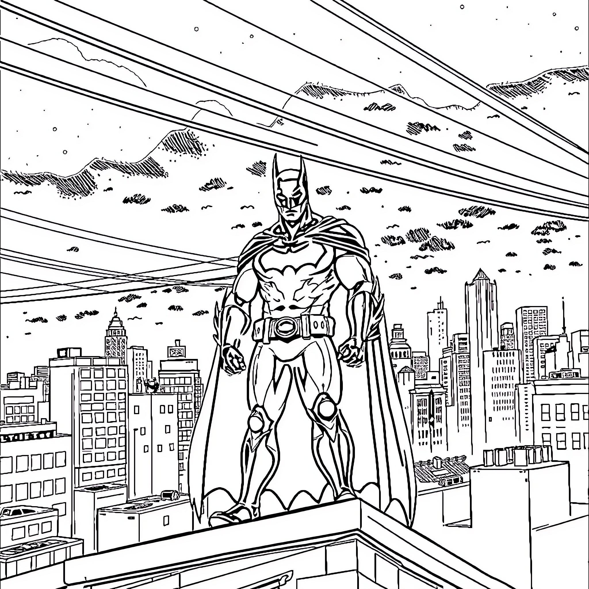 Batman overlooking the city at night Coloring Page (free black-and-white line drawing printable PDF for all, from beginners to advanced learners, including children, teens, adults, and seniors)