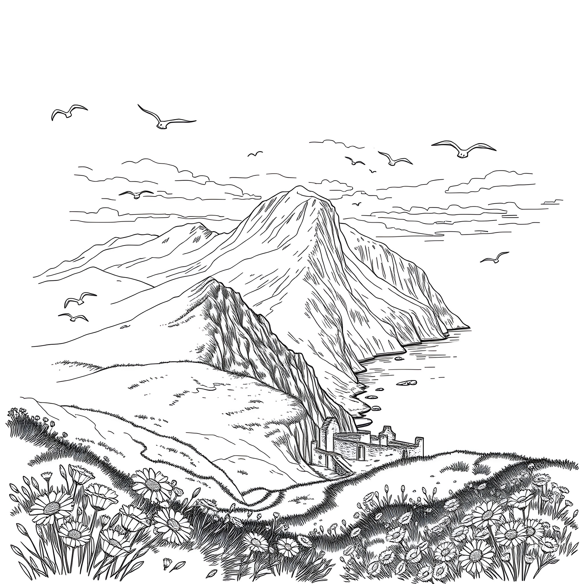 Island with Scenic Mountain Landscape and Wildlife Coloring Page (free black-and-white line drawing printable PDF for all, from beginners to advanced learners, including children, teens, adults, and seniors)
