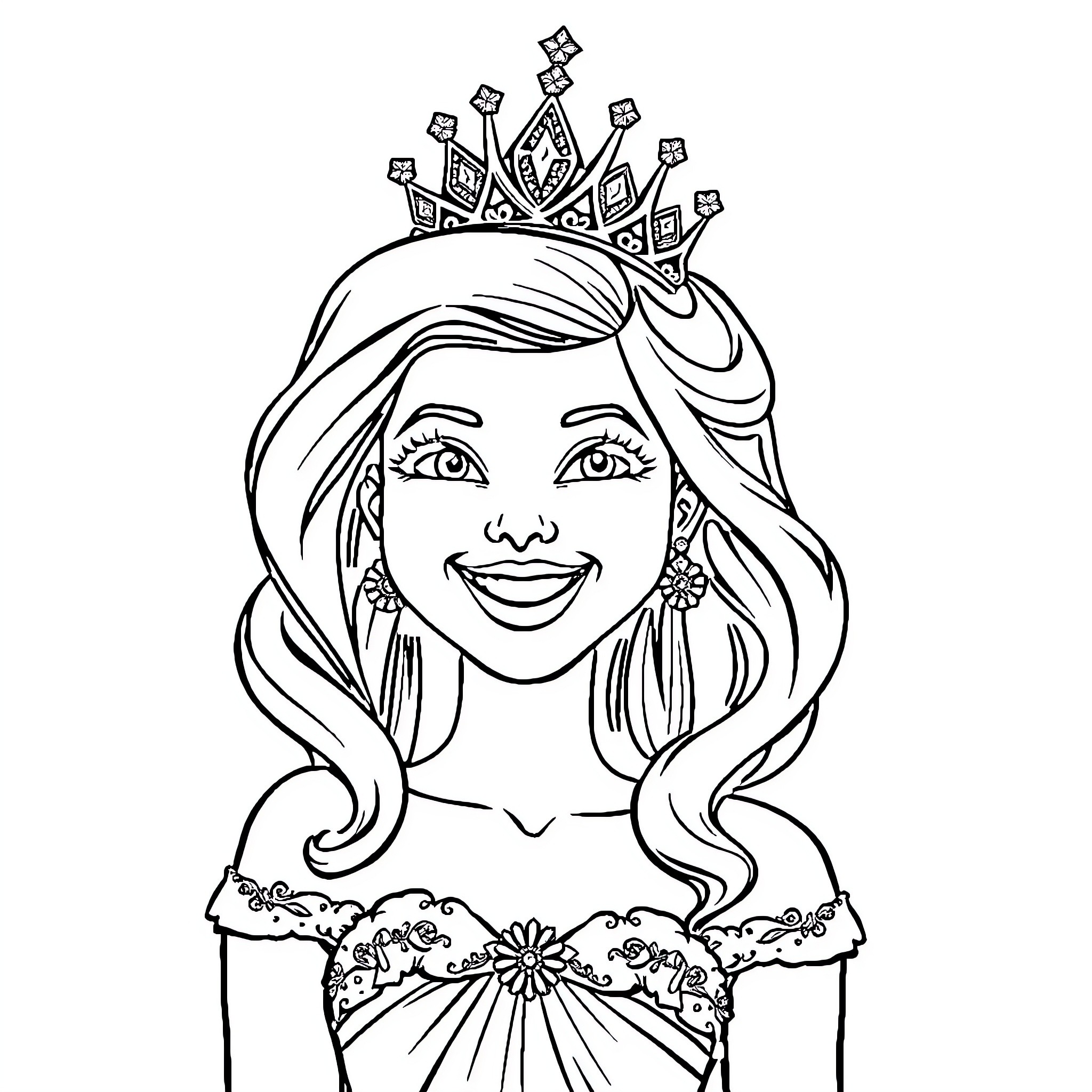 Prom Queen with a Sparkling Crown and Floral Dress Coloring Page (free black-and-white line drawing printable PDF for all, from beginners to advanced learners, including children, teens, adults, and seniors)