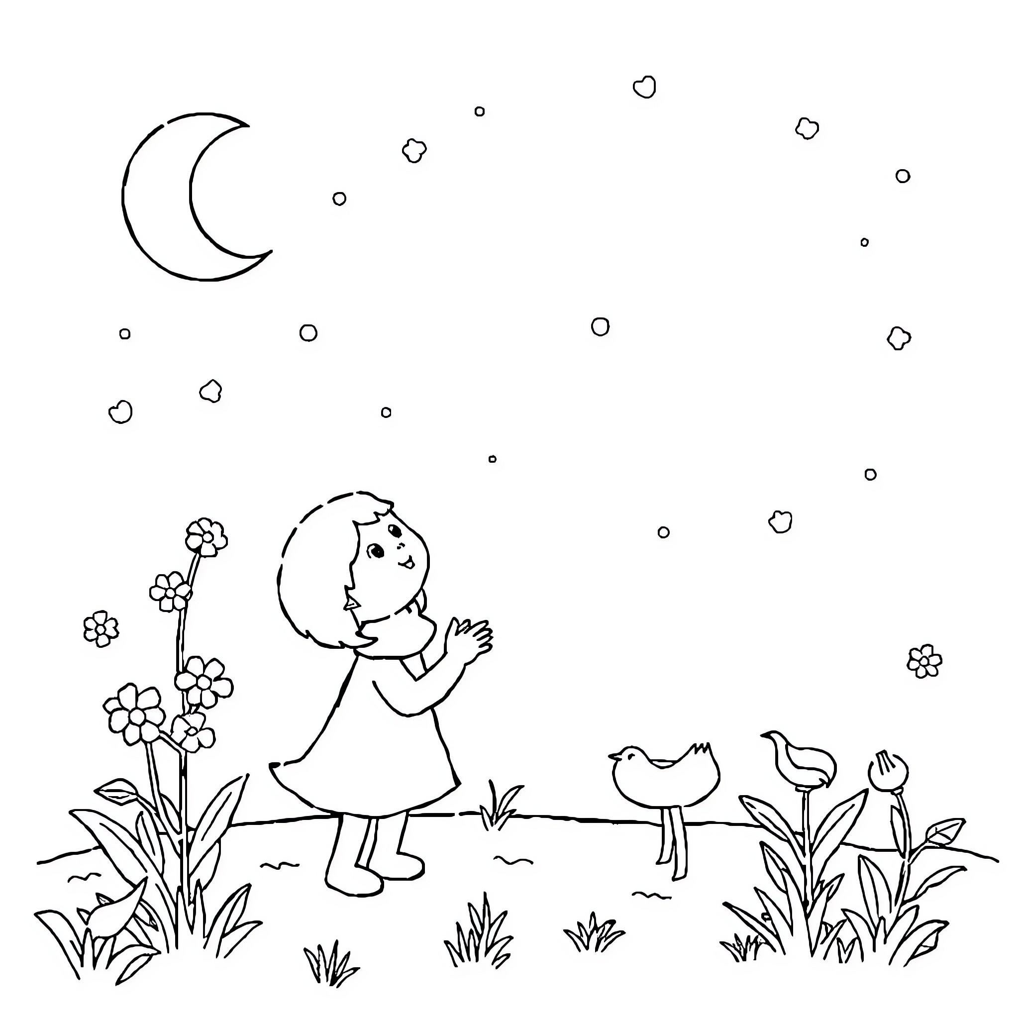 Cuento of a child playing with birds and flowers Coloring Page (free black-and-white line drawing printable PDF for all, from beginners to advanced learners, including children, teens, adults, and seniors)
