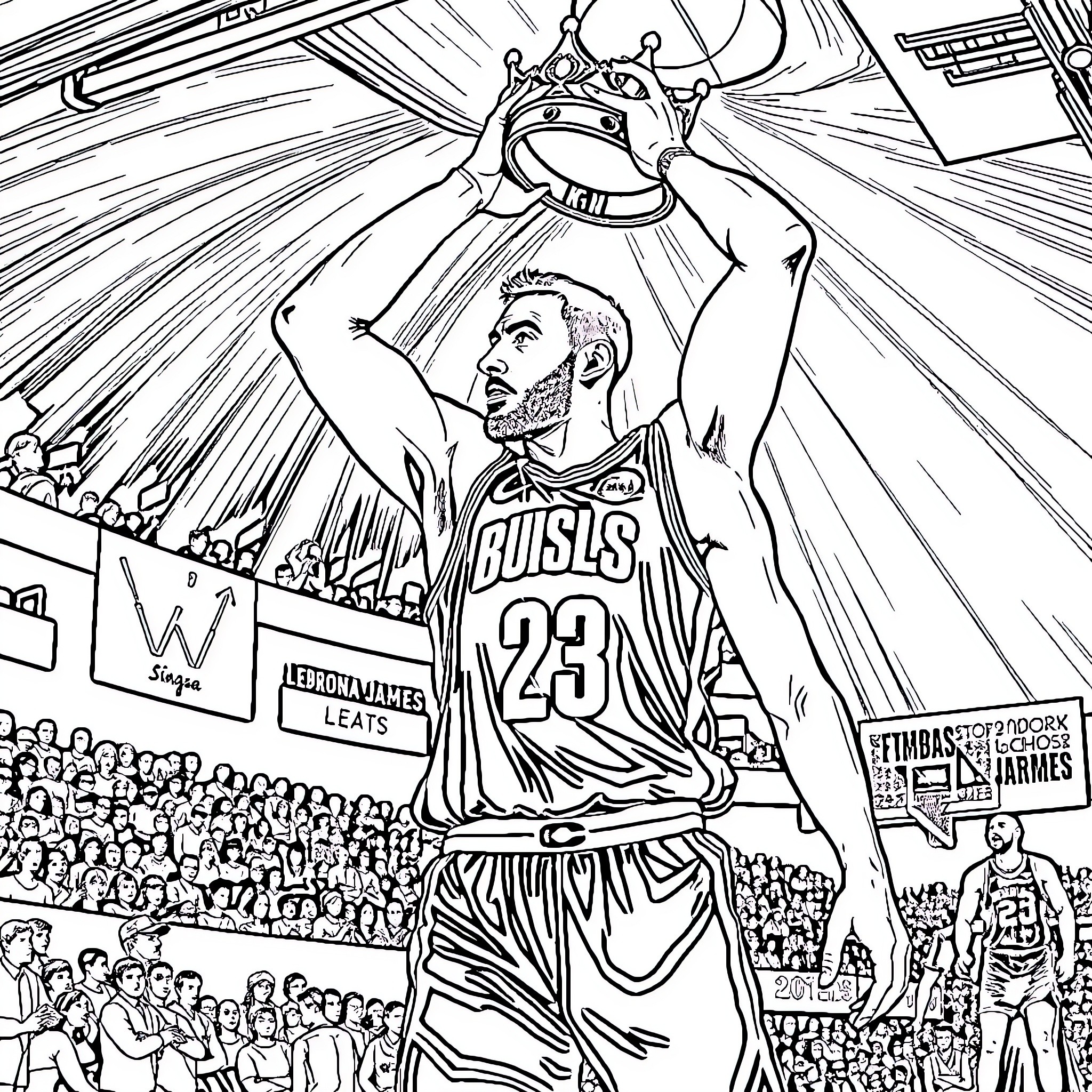 Nikola Jokic Triumphantly Celebrating Basketball Victory Coloring Page (free black-and-white line drawing printable PDF for all, from beginners to advanced learners, including children, teens, adults, and seniors)