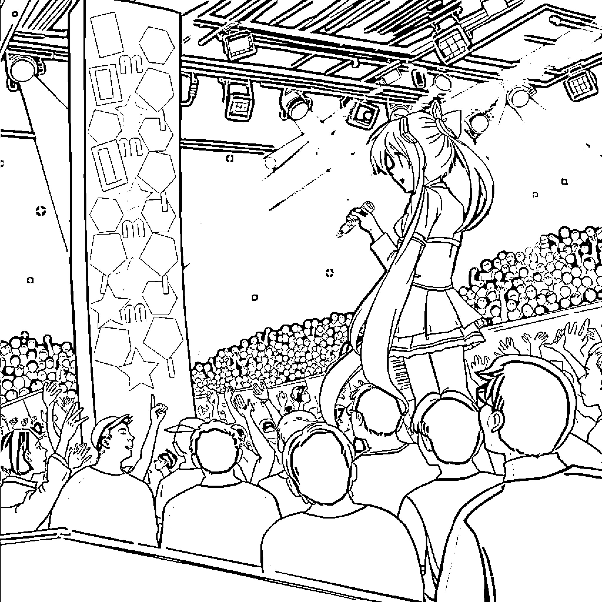 Miku performing on stage before an audience Coloring Page (free black-and-white line drawing printable PDF for all, from beginners to advanced learners, including children, teens, adults, and seniors)