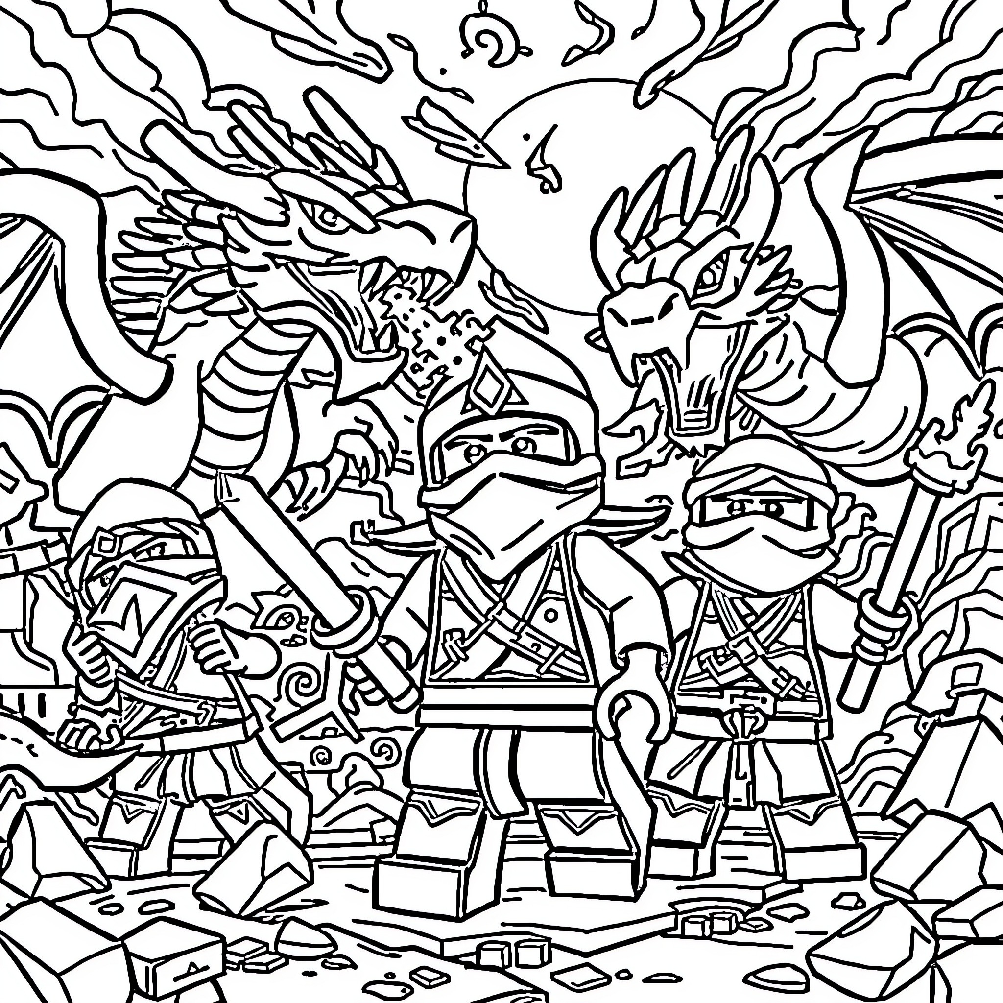 Ninjago characters in epic battle scene Coloring Page (free black-and-white line drawing printable PDF for all, from beginners to advanced learners, including children, teens, adults, and seniors)