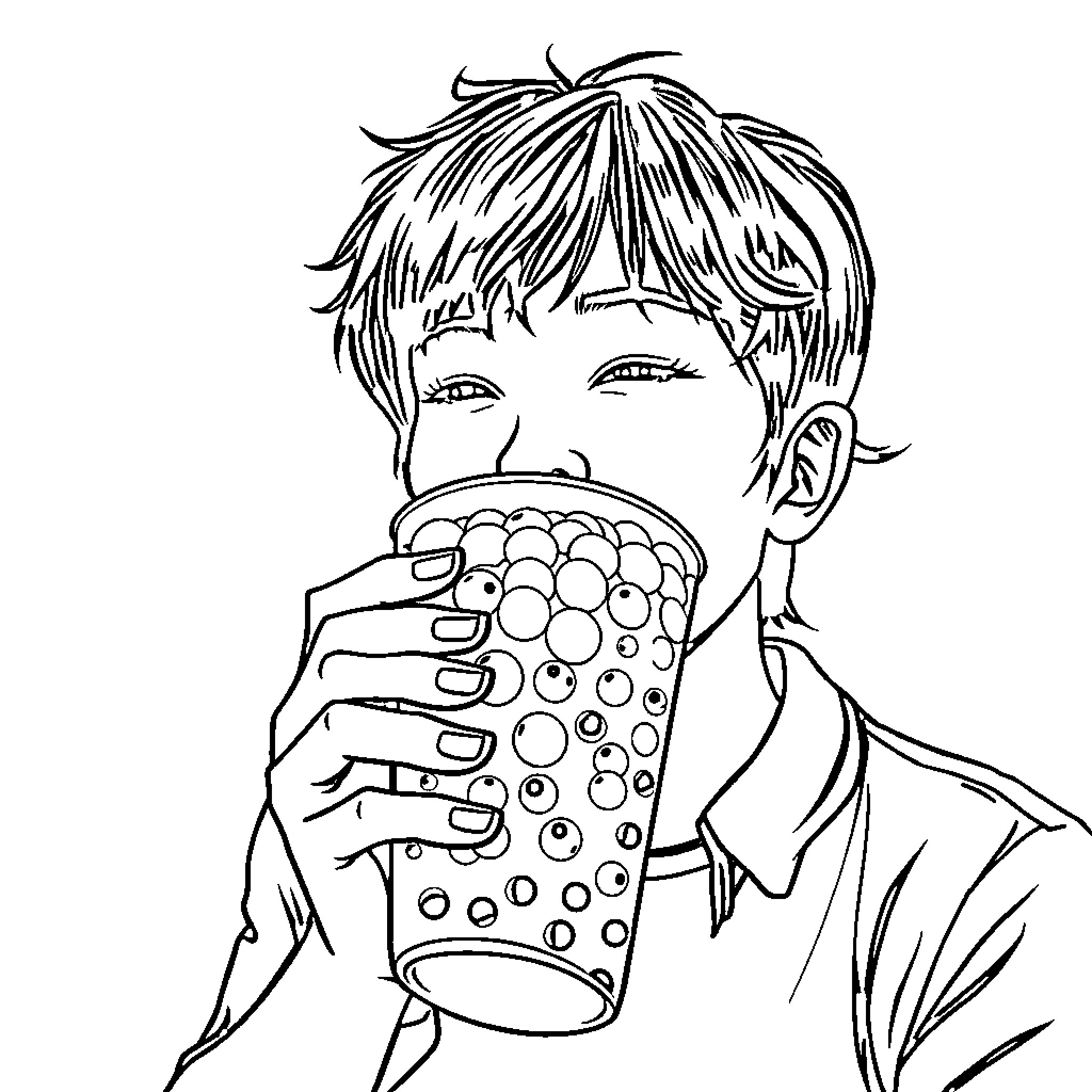 Boba tea enthusiast enjoying a refreshing beverage Coloring Page (free black-and-white line drawing printable PDF for all, from beginners to advanced learners, including children, teens, adults, and seniors)