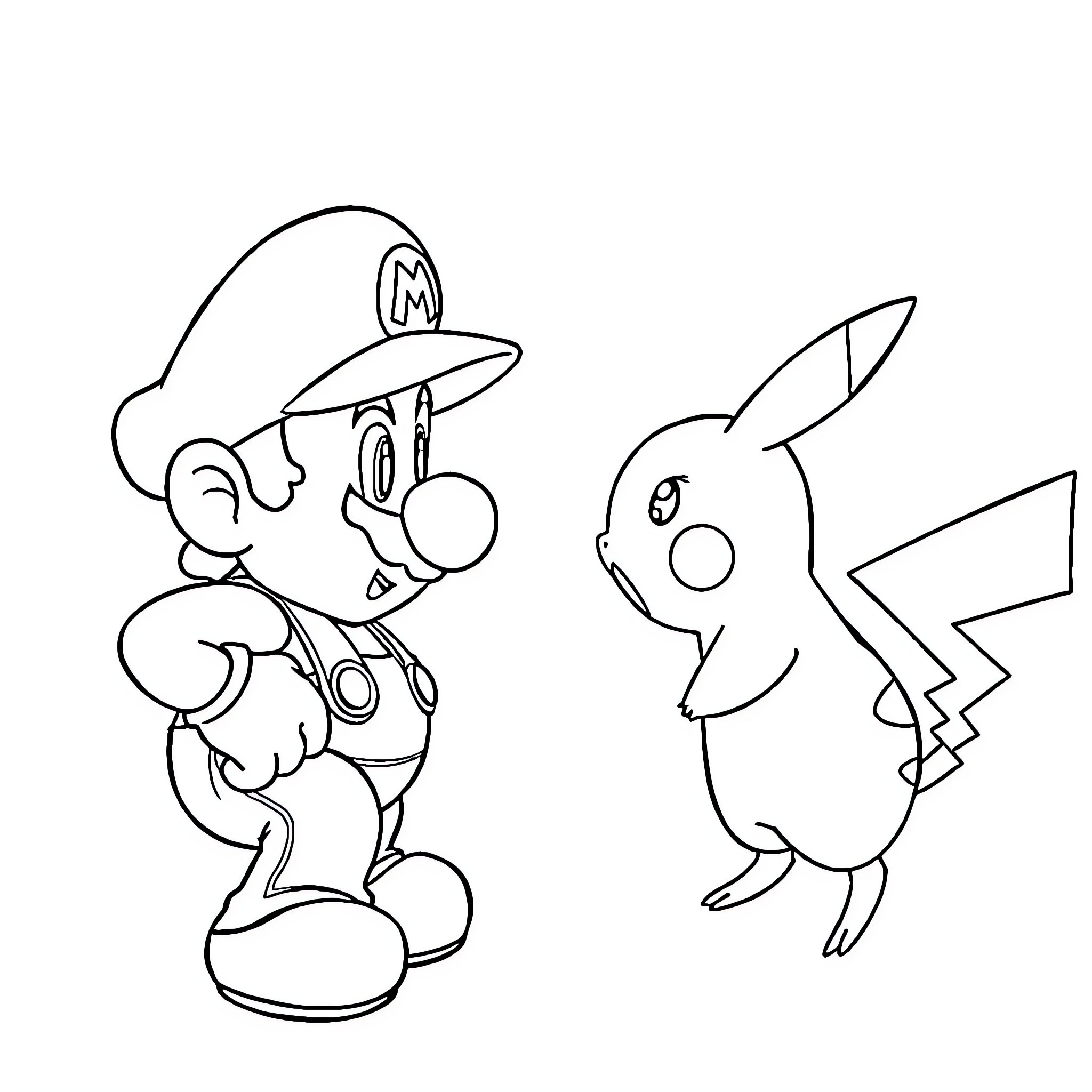 Mario and Pikachu in an animated adventure Coloring Page (free black-and-white line drawing printable PDF for all, from beginners to advanced learners, including children, teens, adults, and seniors)