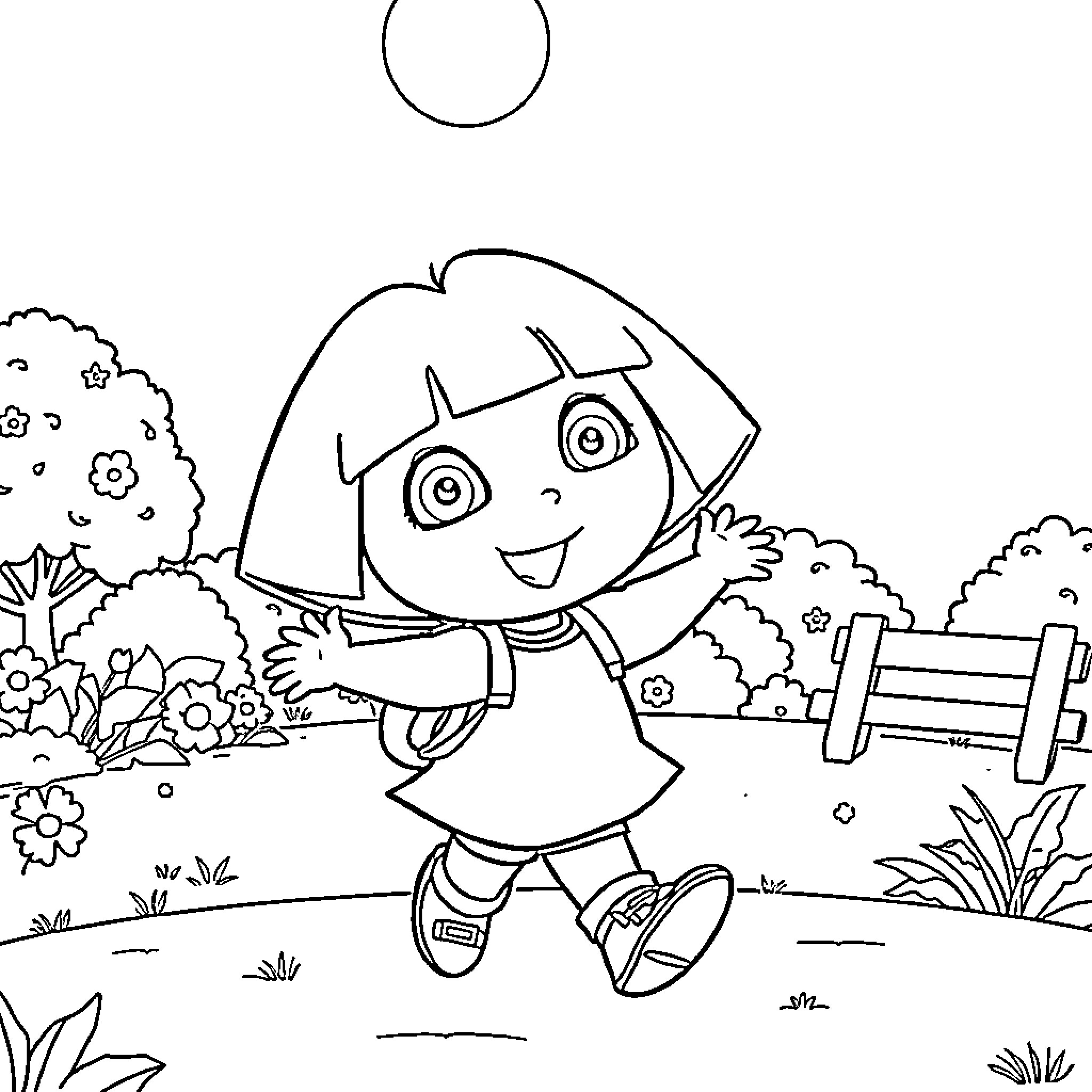 Dora exploring the garden happily Coloring Page (free black-and-white line drawing printable PDF for all, from beginners to advanced learners, including children, teens, adults, and seniors)