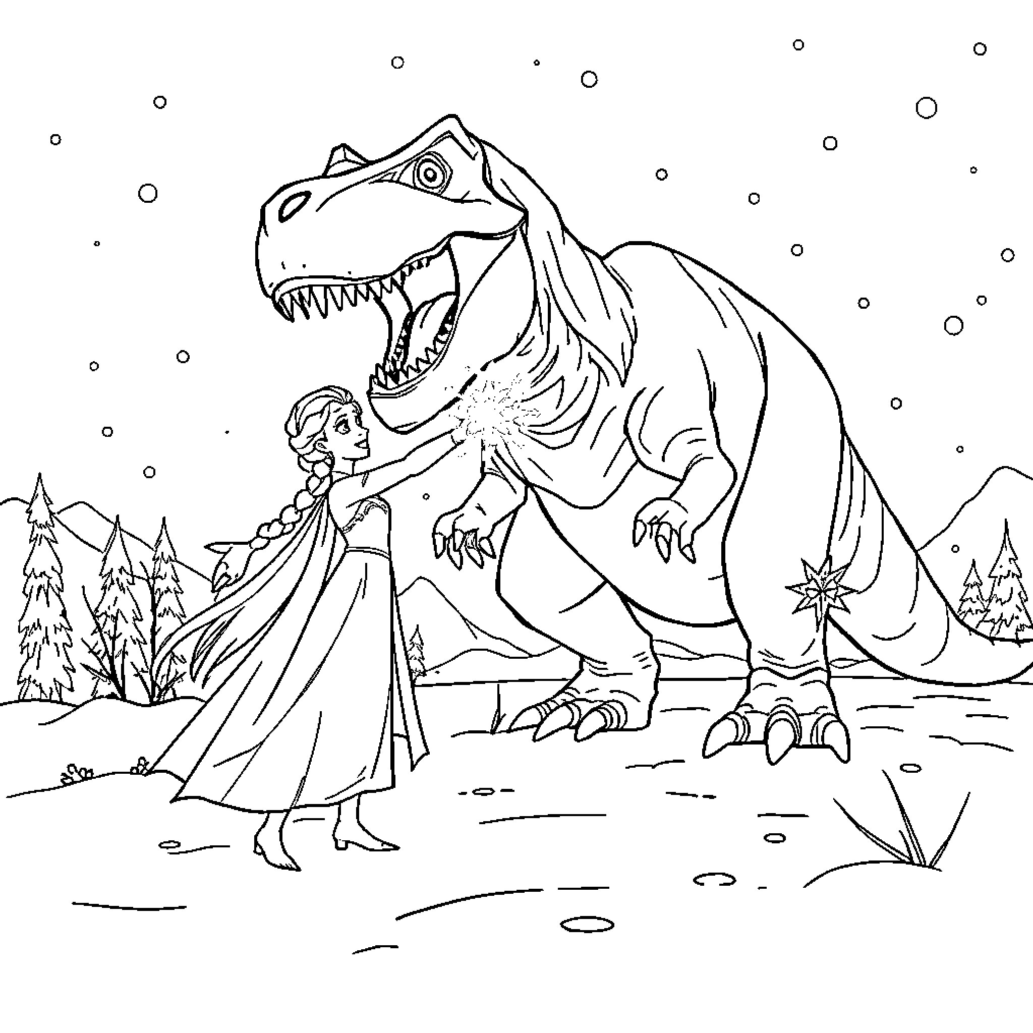 Elsa encounters a fearsome dinosaur in the winter wonderland Coloring Page (free black-and-white line drawing printable PDF for all, from beginners to advanced learners, including children, teens, adults, and seniors)